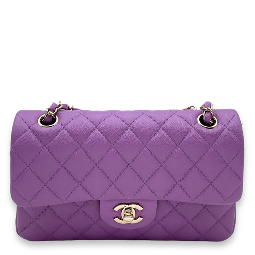 Classic Double Flap Small Purple Shoulder Bag in Caviar, Gold hardware