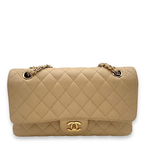 Classic Double Flap Medium Beige Shoulder Bag in Caviar, Gold hardware