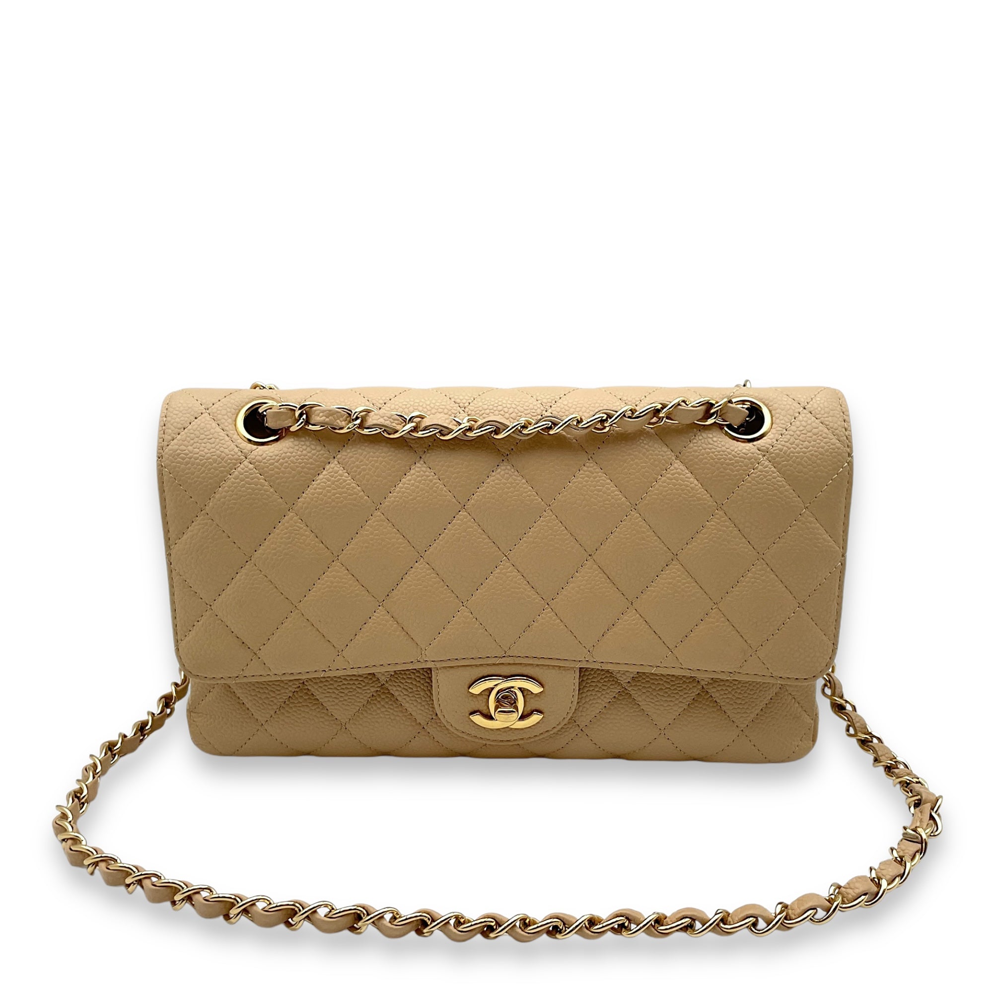 Classic Double Flap Medium Beige Shoulder Bag in Caviar, Gold hardware