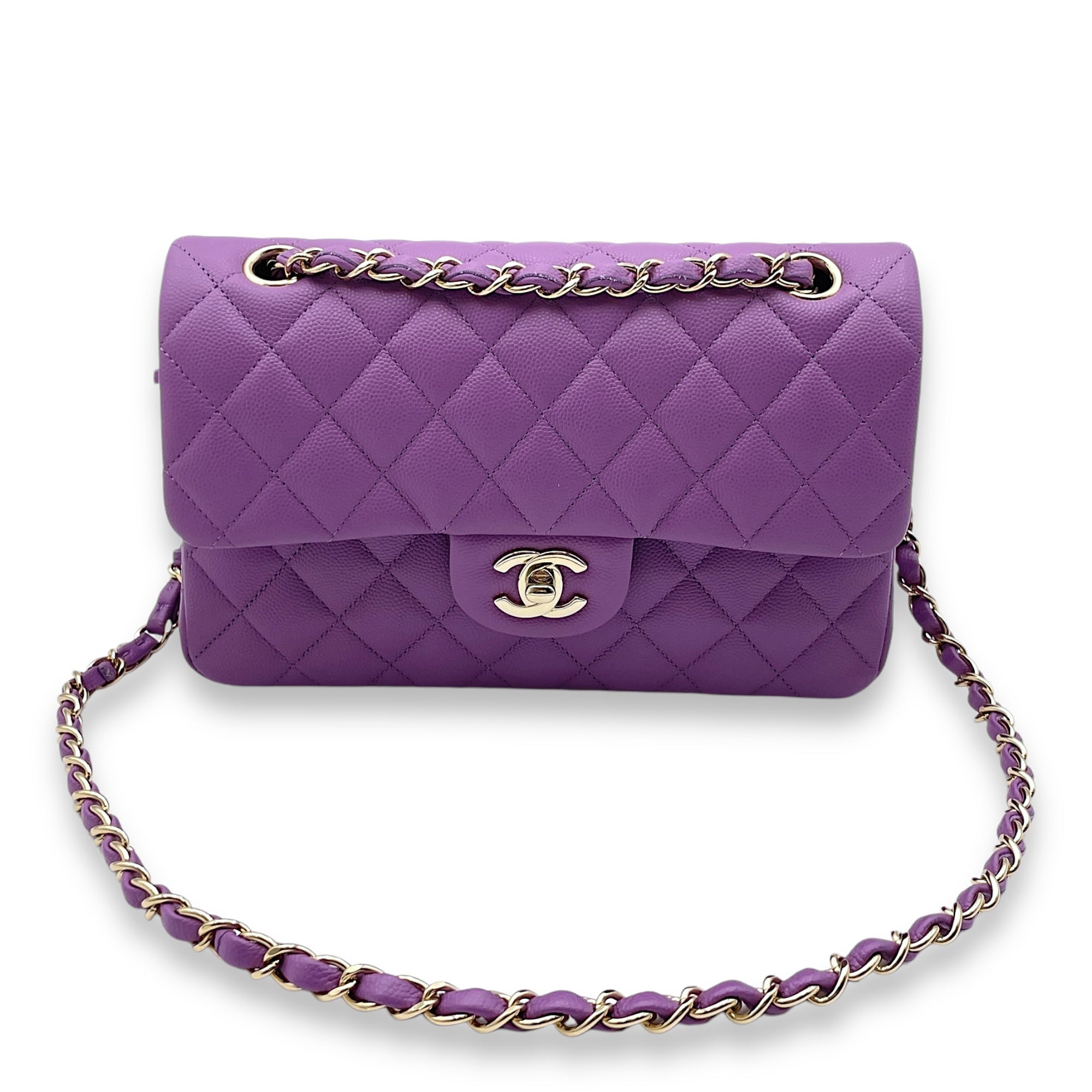 Classic Double Flap Small Purple Shoulder Bag in Caviar, Gold hardware