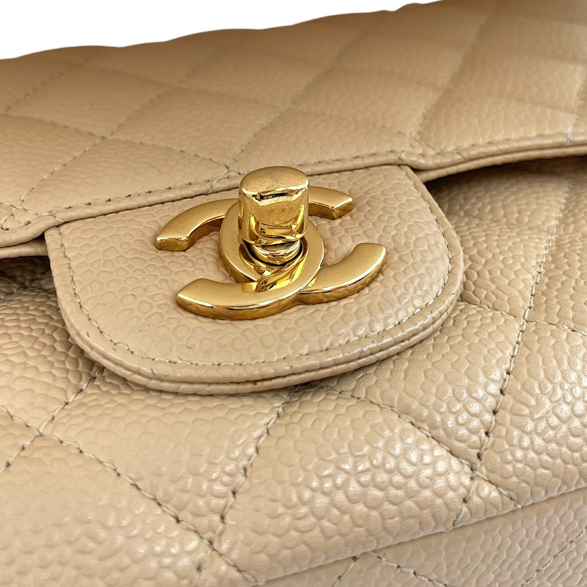 Classic Double Flap Medium Beige Shoulder Bag in Caviar Gold hardware