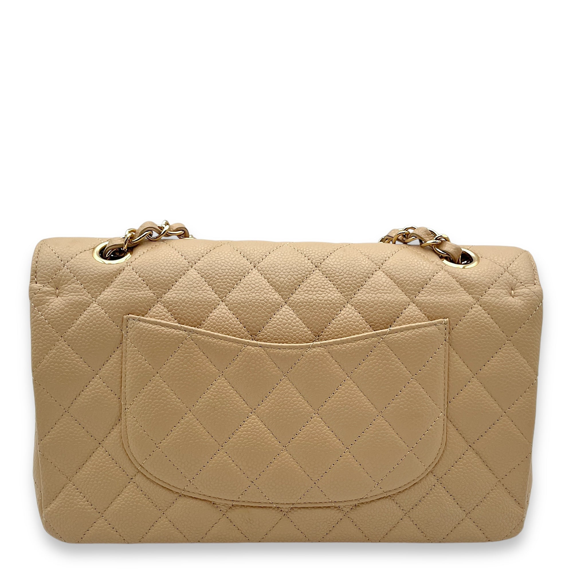 Classic Double Flap Medium Beige Shoulder Bag in Caviar, Gold hardware