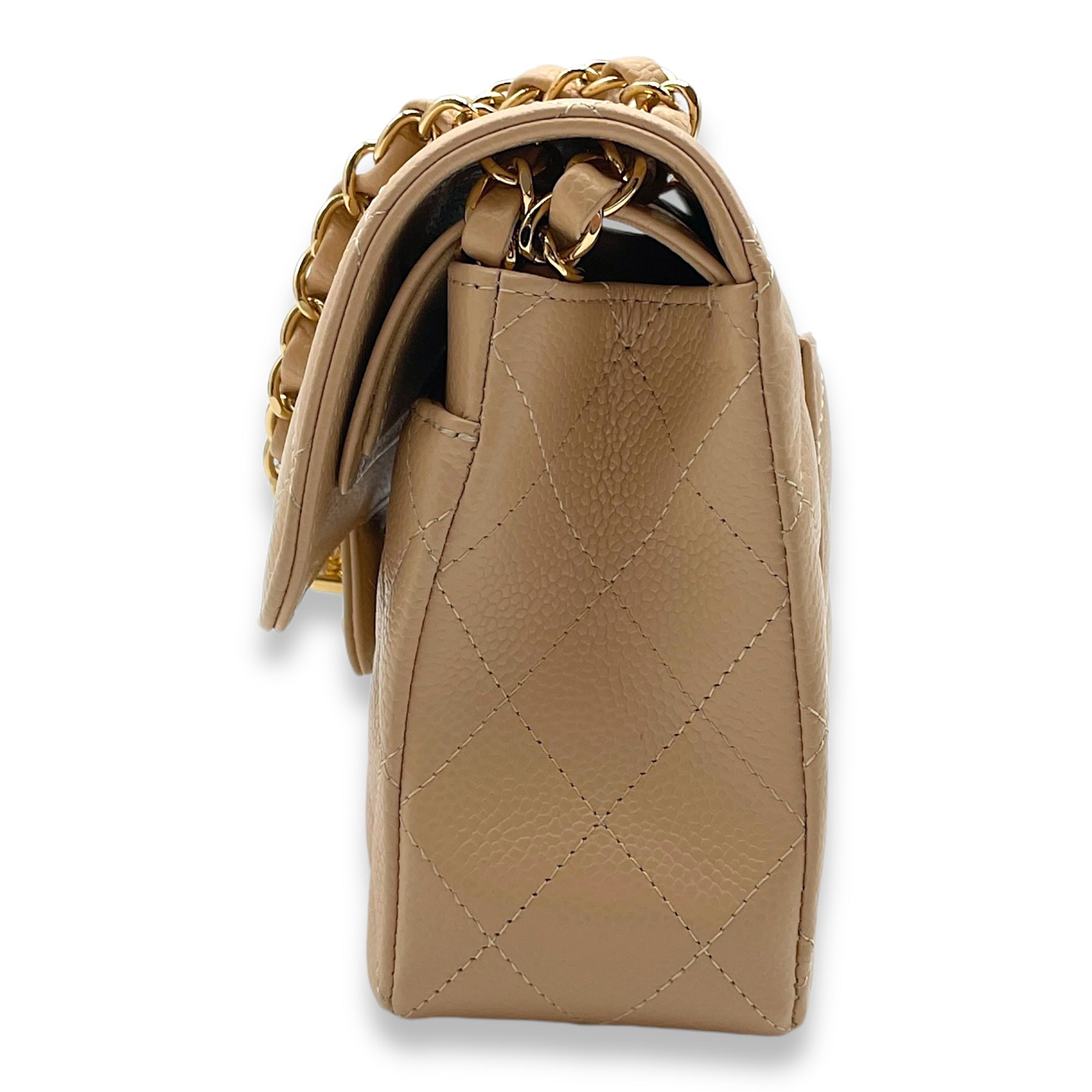 Classic Double Flap Small Beige Clair Shoulder Bag in Caviar Leather, Gold hardware