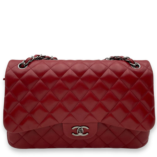 Classic Double Flap Jumbo Red Shoulder Bag in Lambskin, Palladium hardware