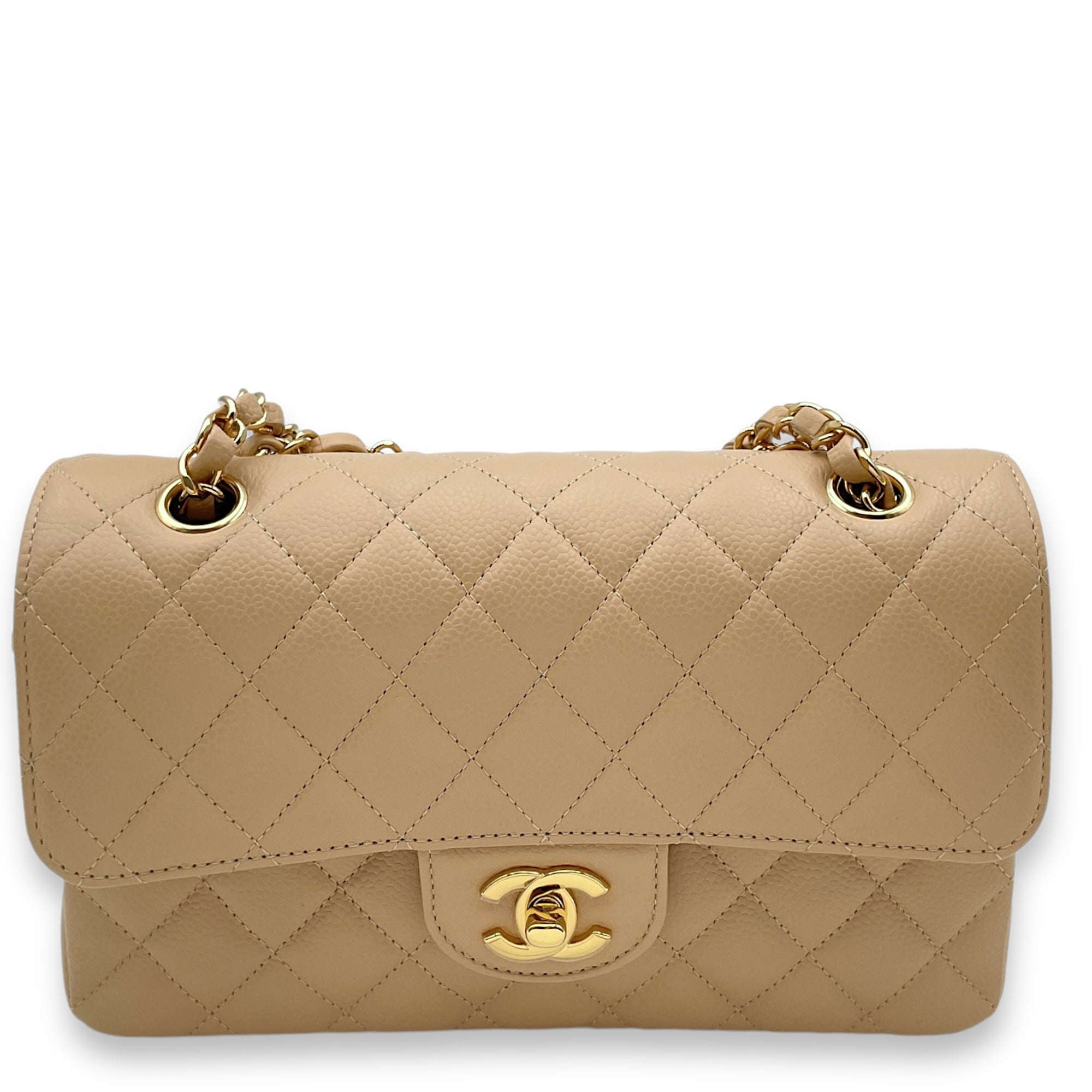 Classic Double Flap Small Beige Clair Shoulder Bag in Caviar Leather, Gold hardware