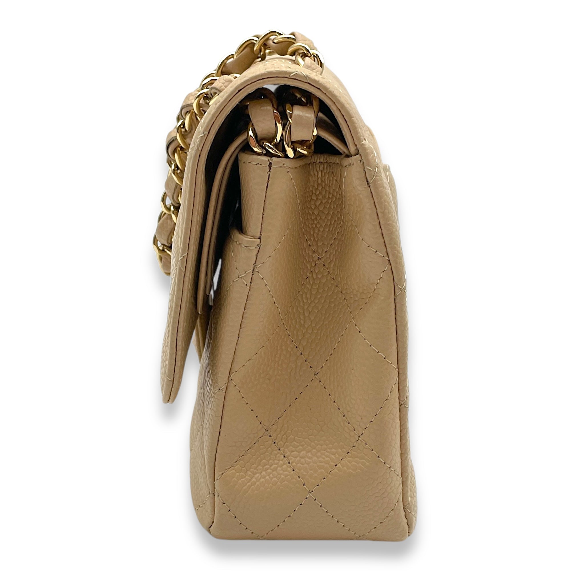 Classic Double Flap Medium Beige Shoulder Bag in Caviar, Gold hardware