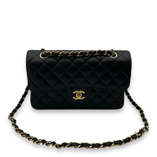 Classic Double Flap Small Black Shoulder Bag in Caviar Leather, Gold hardware