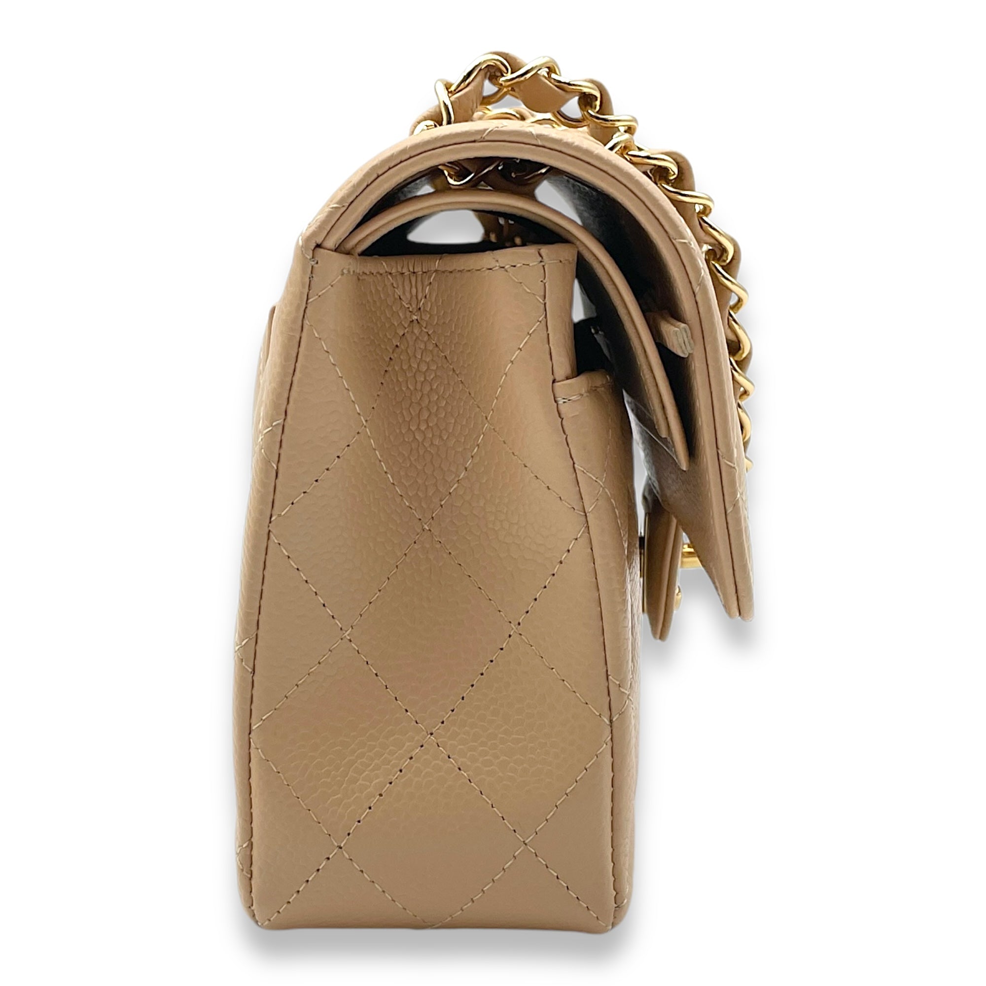 Classic Double Flap Small Beige Clair Shoulder Bag in Caviar Leather, Gold hardware