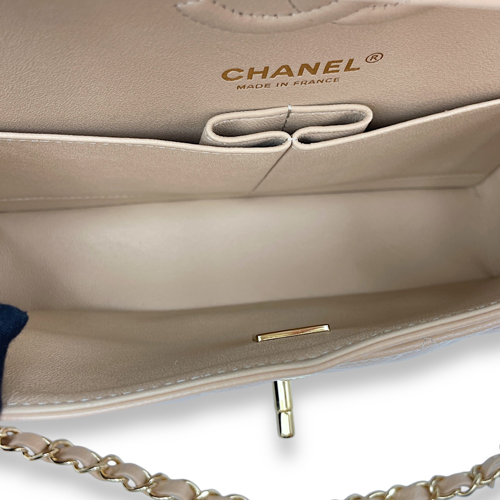 Classic Double Flap Small Beige Clair Shoulder Bag in Caviar Leather, Gold hardware