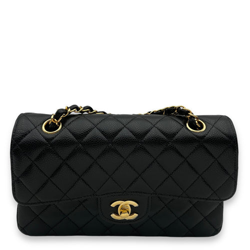 Classic Double Flap Small Black Shoulder Bag in Caviar Leather, Gold hardware