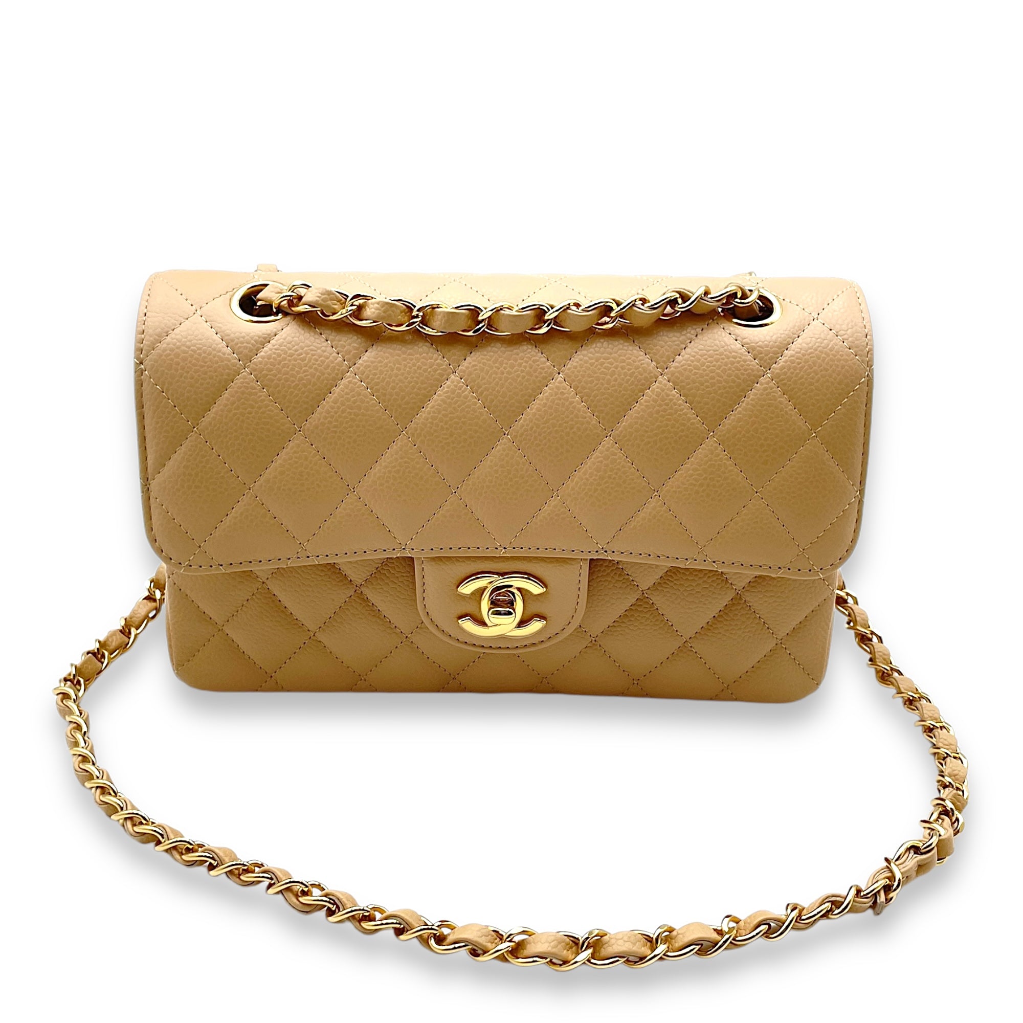 Classic Double Flap Small Beige Clair Shoulder Bag in Caviar Leather, Gold hardware