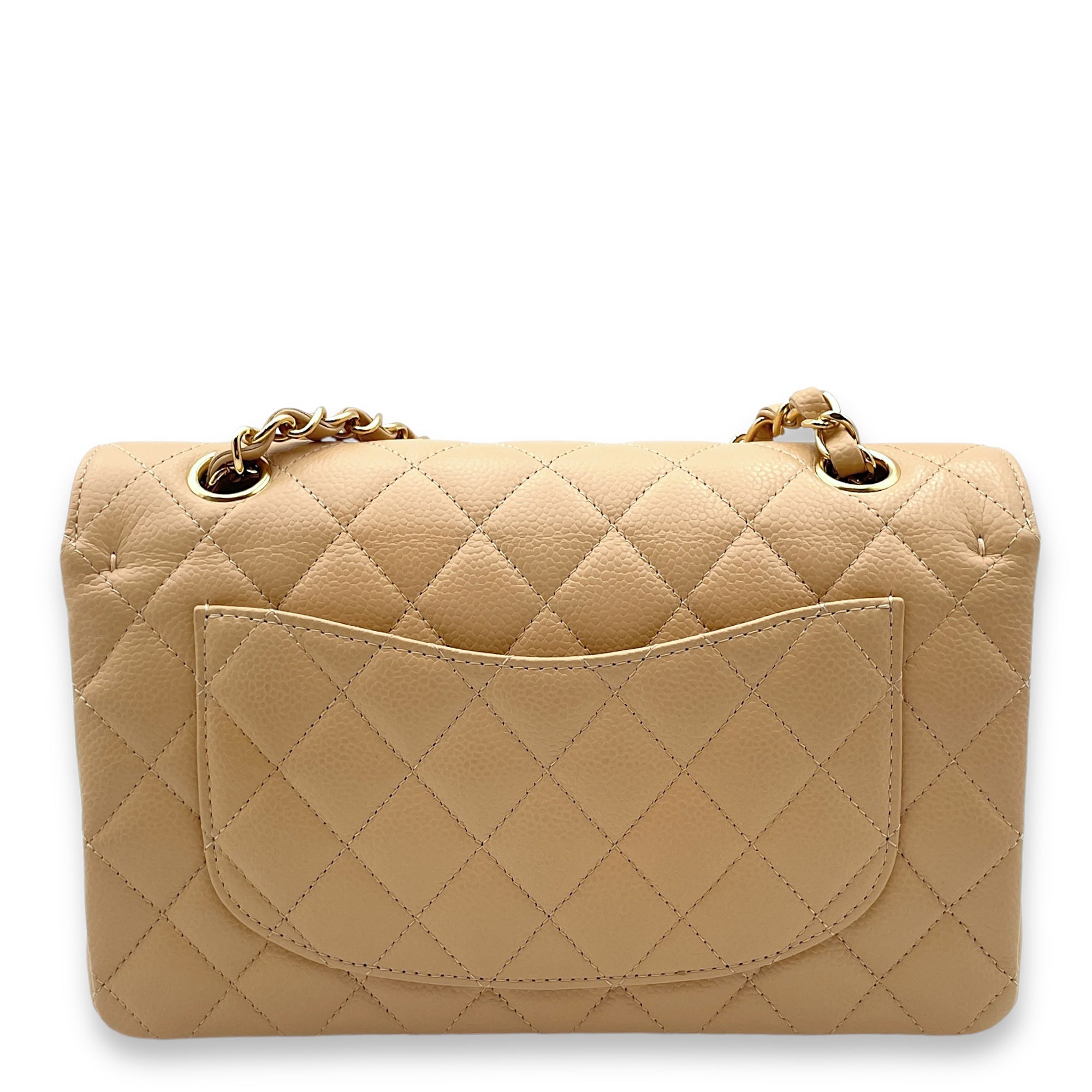 Classic Double Flap Small Beige Clair Shoulder Bag in Caviar Leather, Gold hardware