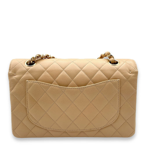 Classic Double Flap Small Beige Clair Shoulder Bag in Caviar Leather, Gold hardware