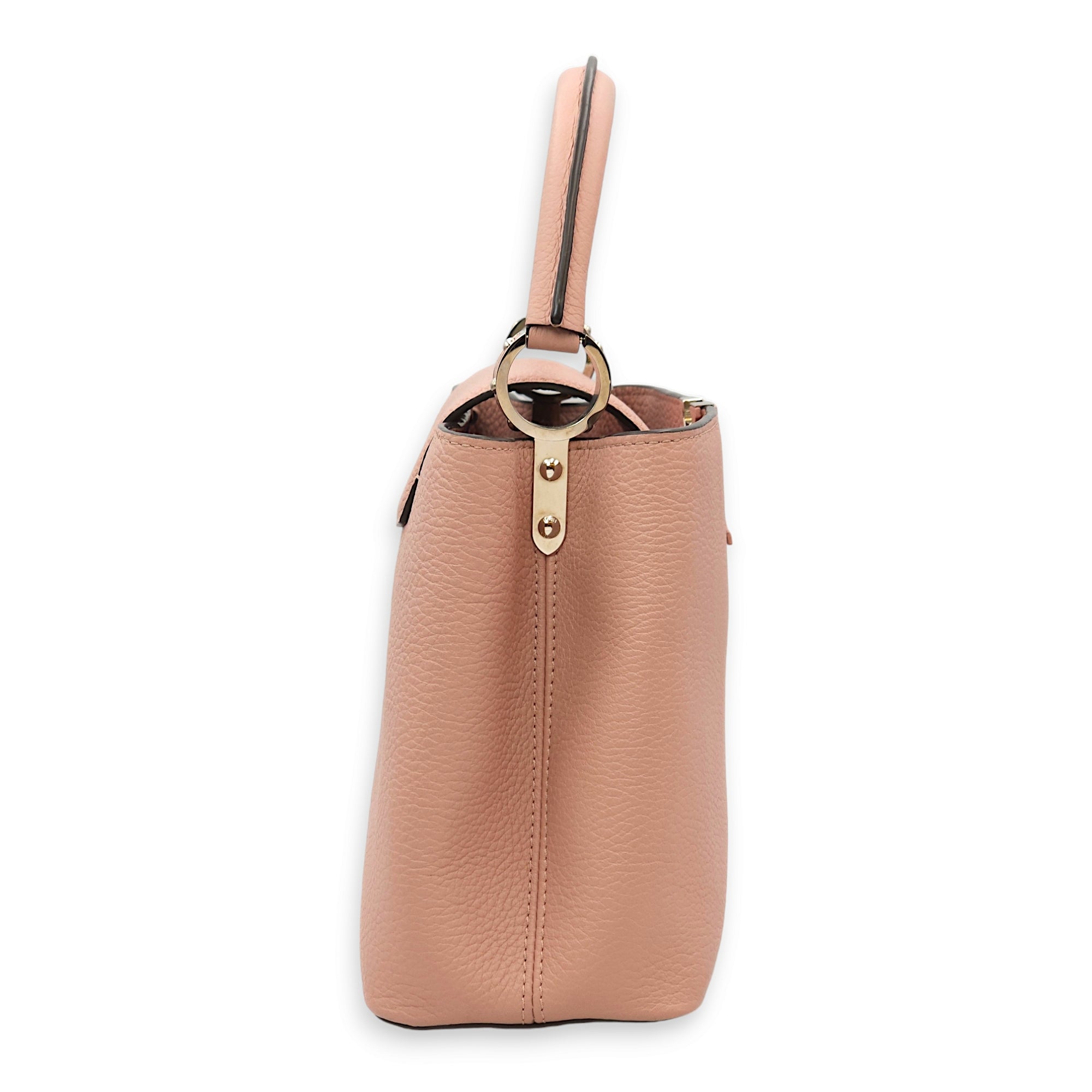 Capucines PM Pink Top Handle Bag in Taurillon Leather, Palladium hardware