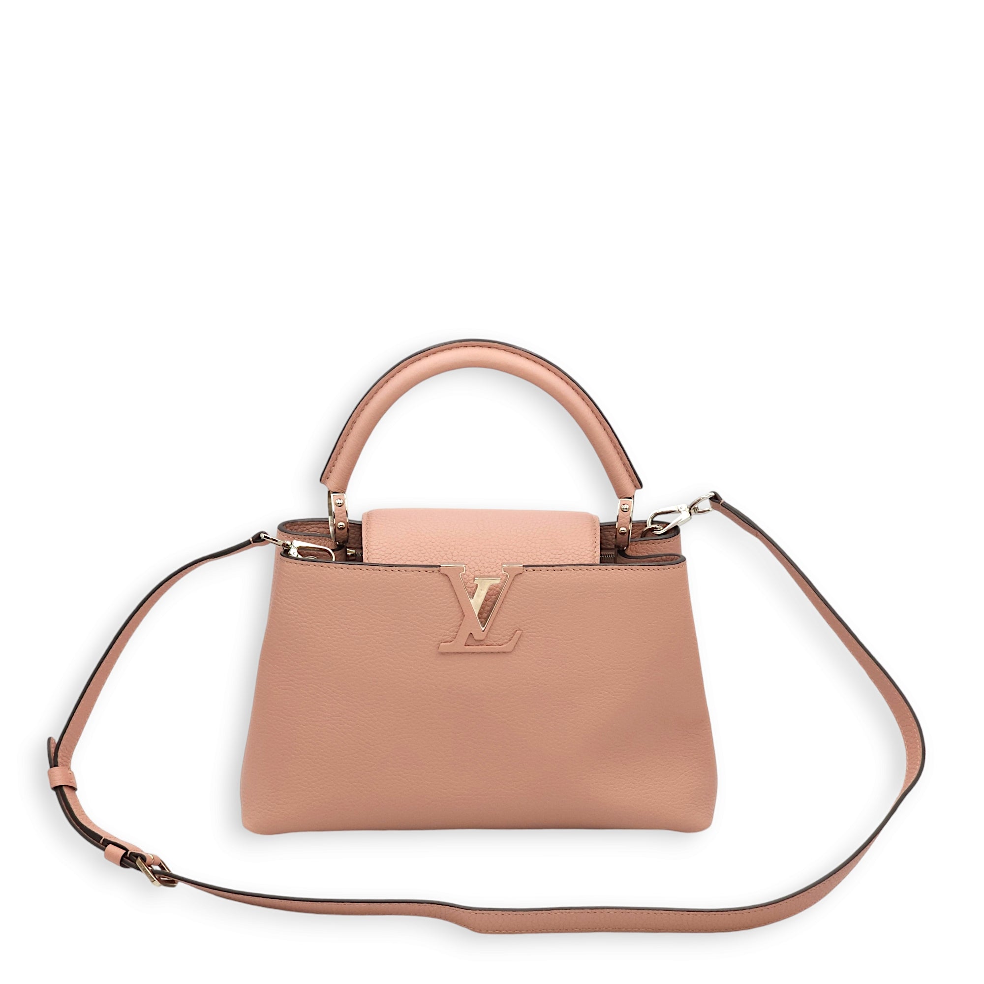 Capucines PM Pink Top Handle Bag in Taurillon Leather, Palladium hardware