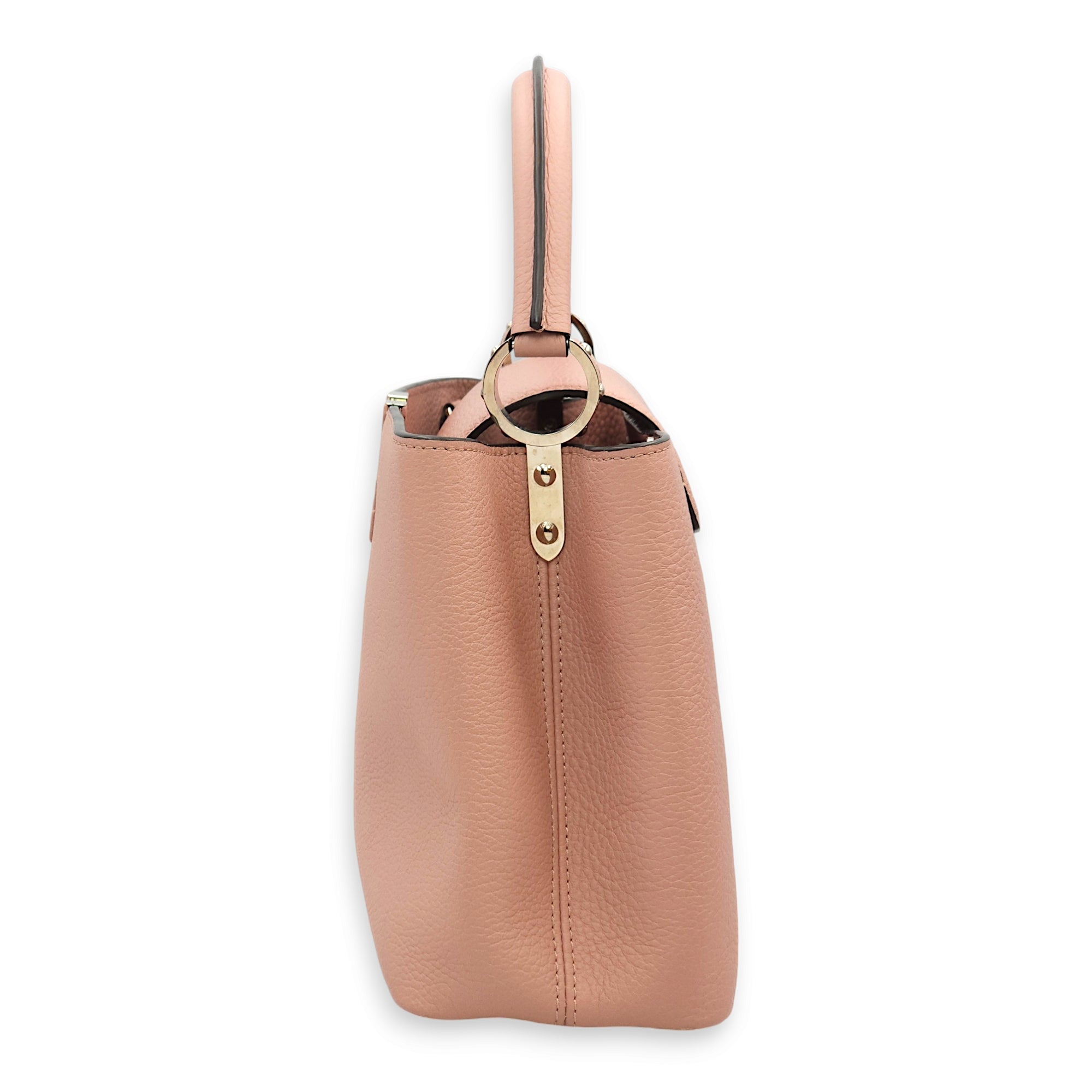 Capucines PM Pink Top Handle Bag in Taurillon Leather, Palladium hardware