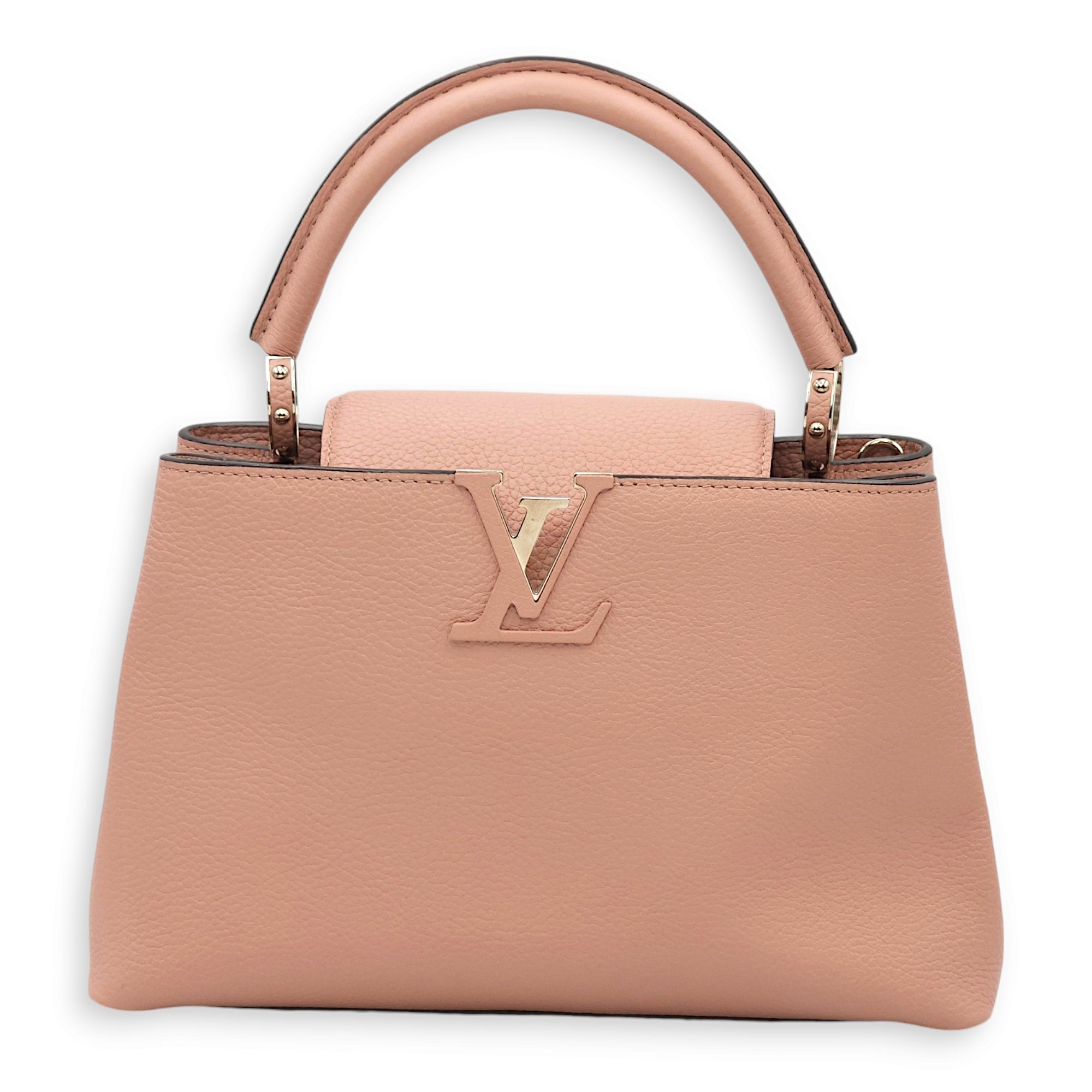 Capucines PM Pink Top Handle Bag in Taurillon Leather, Palladium hardware