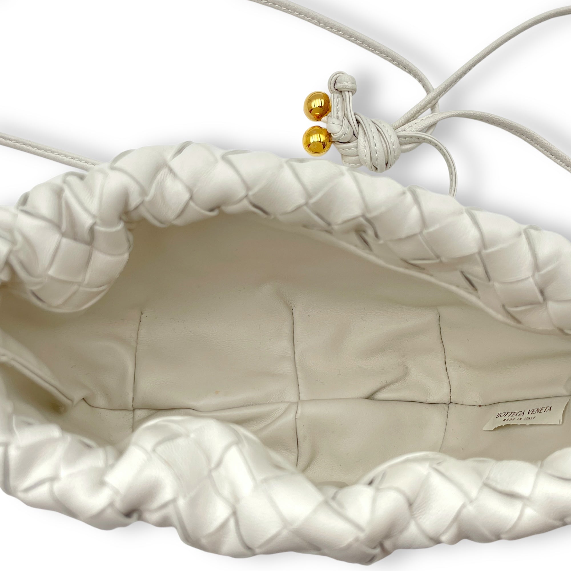 Intrecciato Bulb White Crossbody Bag in Nappa Leather, Gold hardware