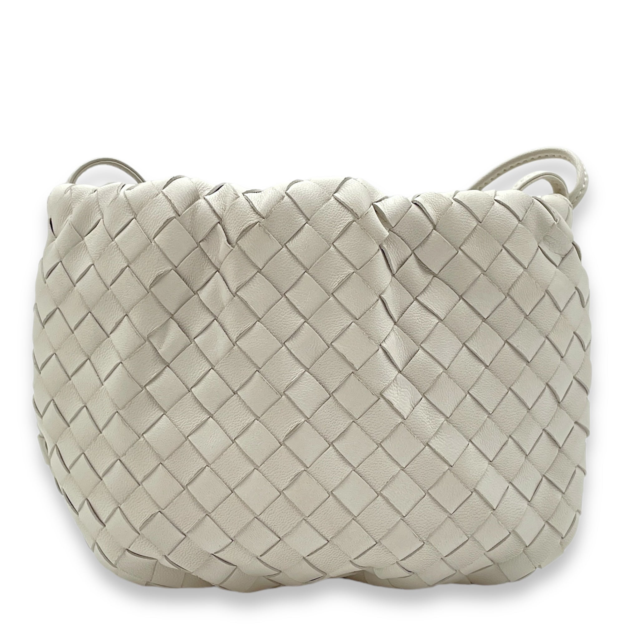 Intrecciato Bulb White Crossbody Bag in Nappa Leather, Gold hardware