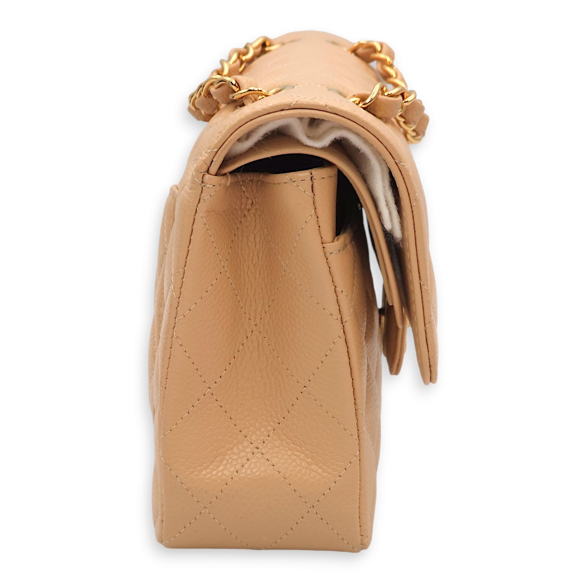 Classic Double Flap Small Beige Shoulder Bag in Caviar, Gold hardware