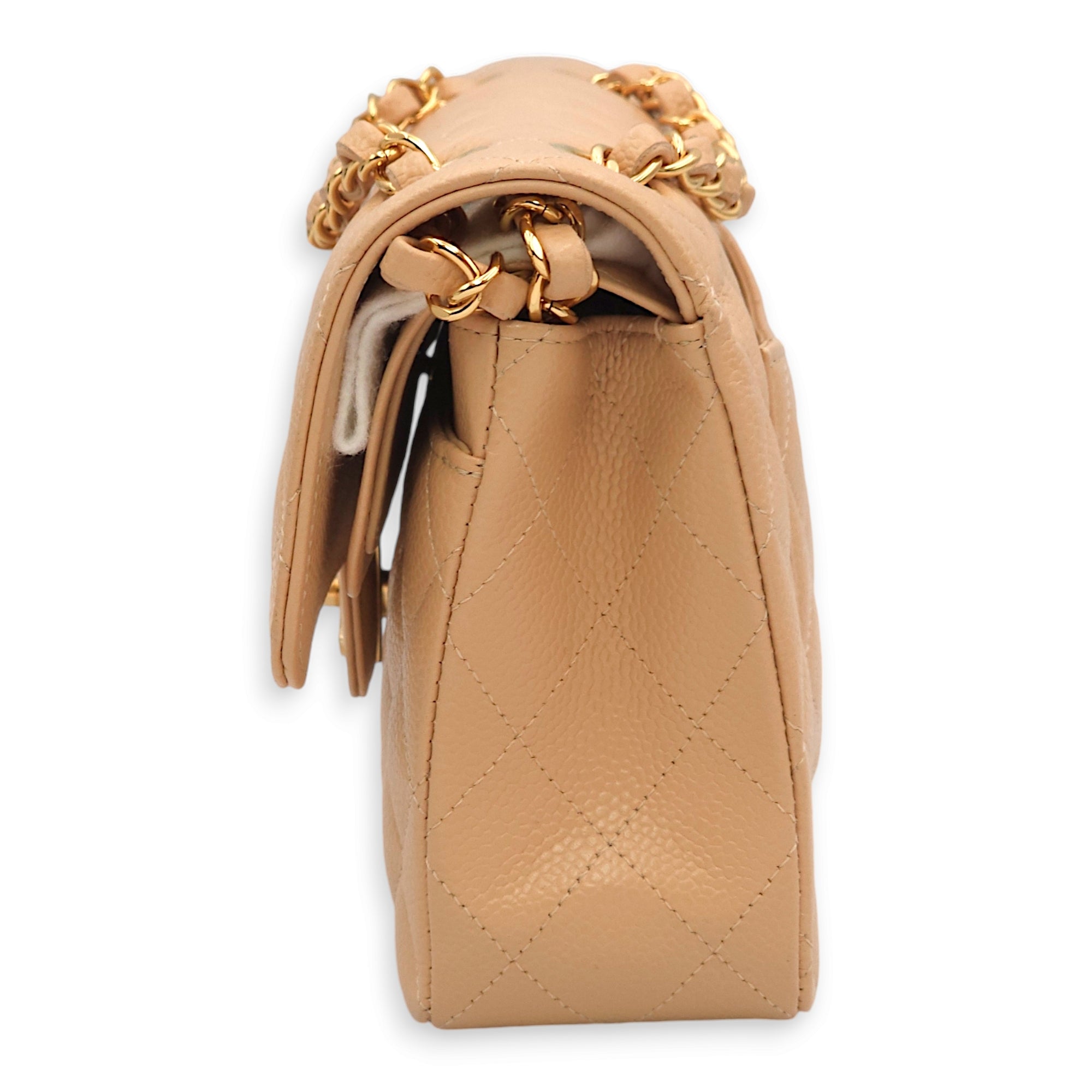 Classic Double Flap Small Beige Shoulder Bag in Caviar, Gold hardware