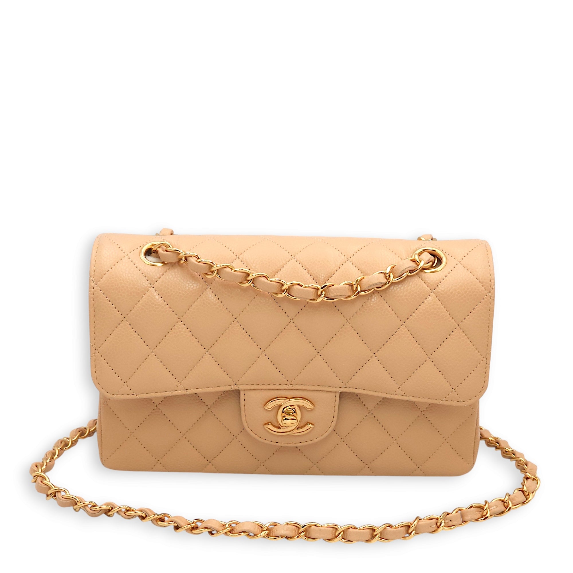 Classic Double Flap Small Beige Shoulder Bag in Caviar, Gold hardware