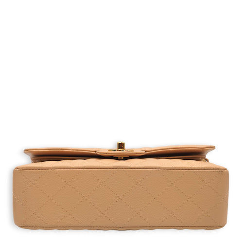 Classic Double Flap Small Beige Shoulder Bag in Caviar, Gold hardware