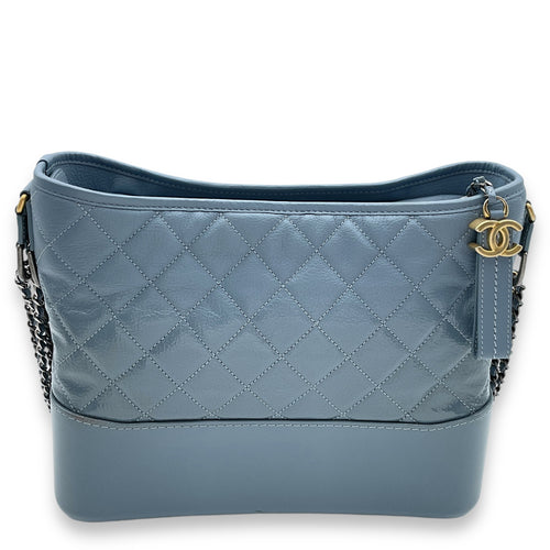 Gabrielle Medium Blue Shoulder Bag in Calfskin/Patent, Gold/Ruthenium/Silver hardware