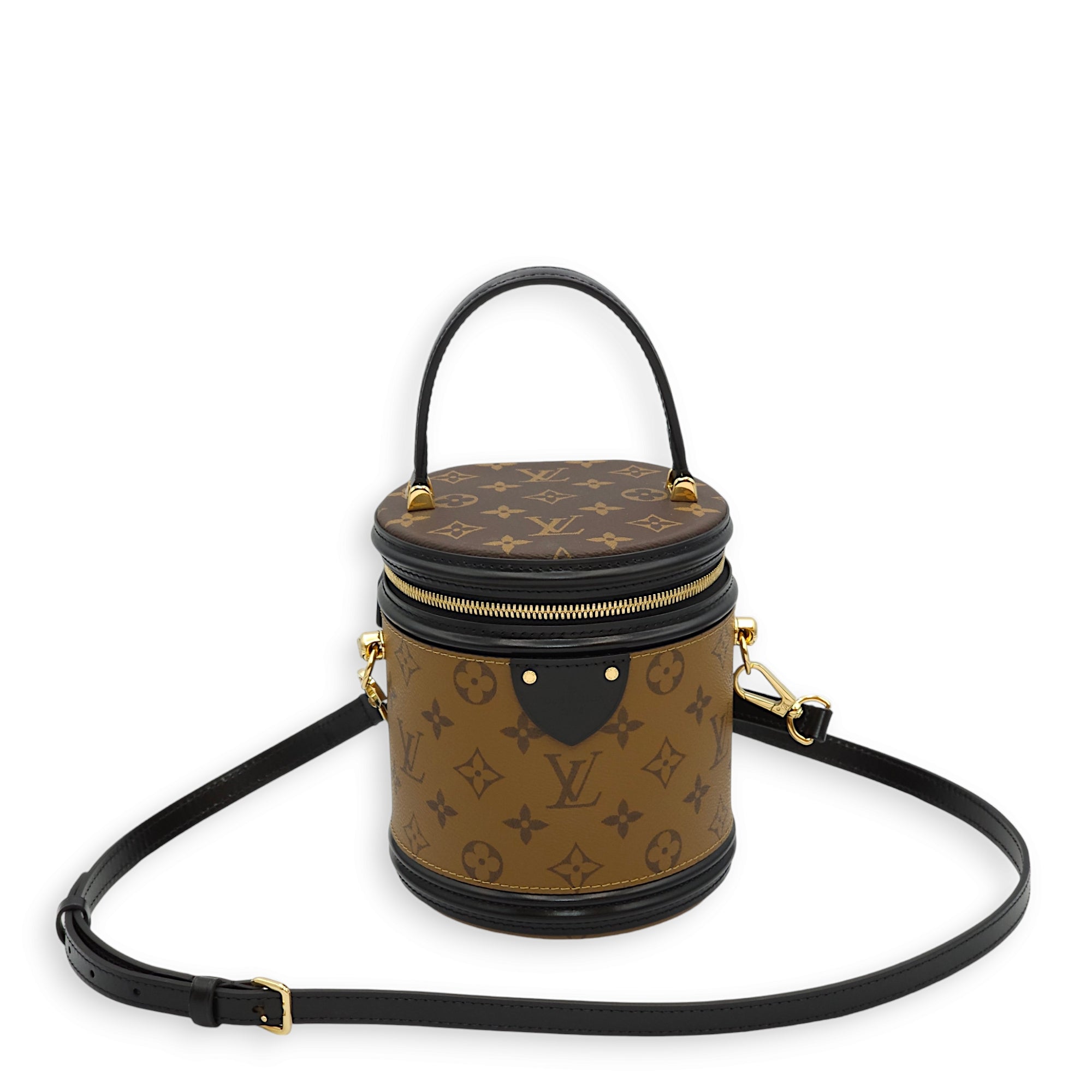 Cannes Bucket Reverse Monogram Top Handle Bag in Monogram Coated Canvas, Gold hardware