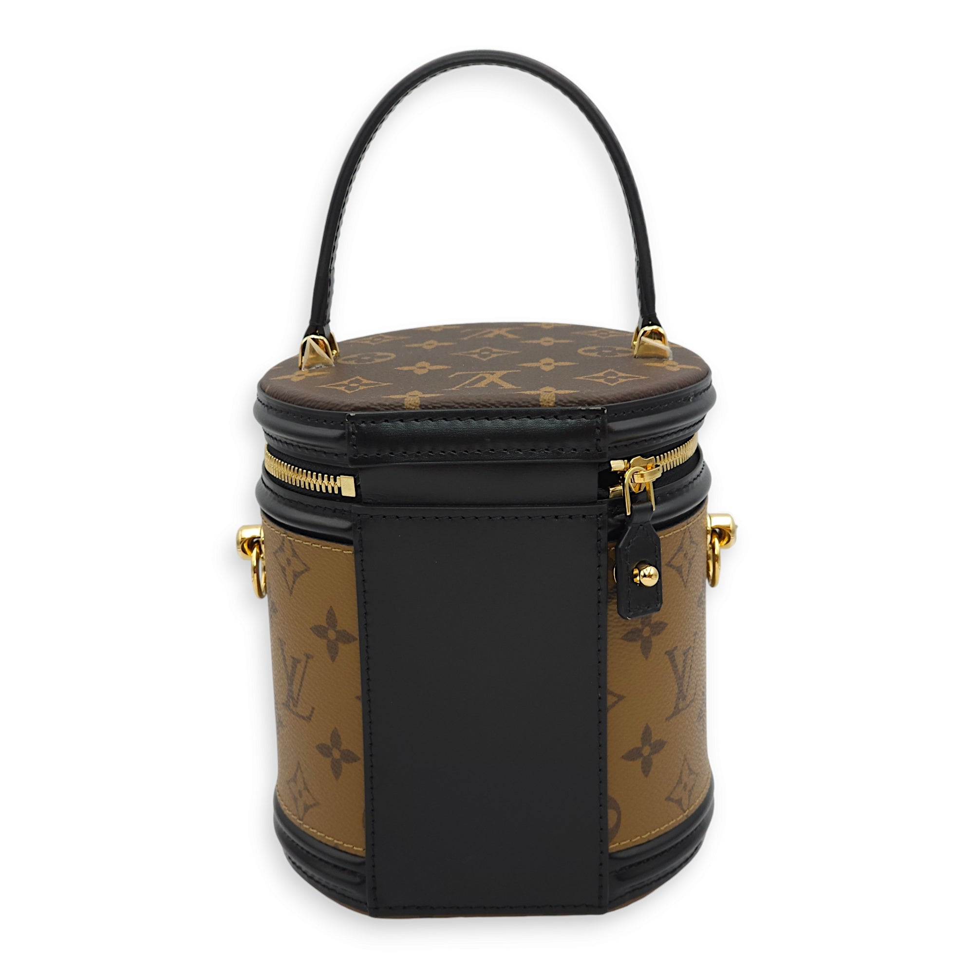 Cannes Bucket Reverse Monogram Top Handle Bag in Monogram Coated Canvas, Gold hardware