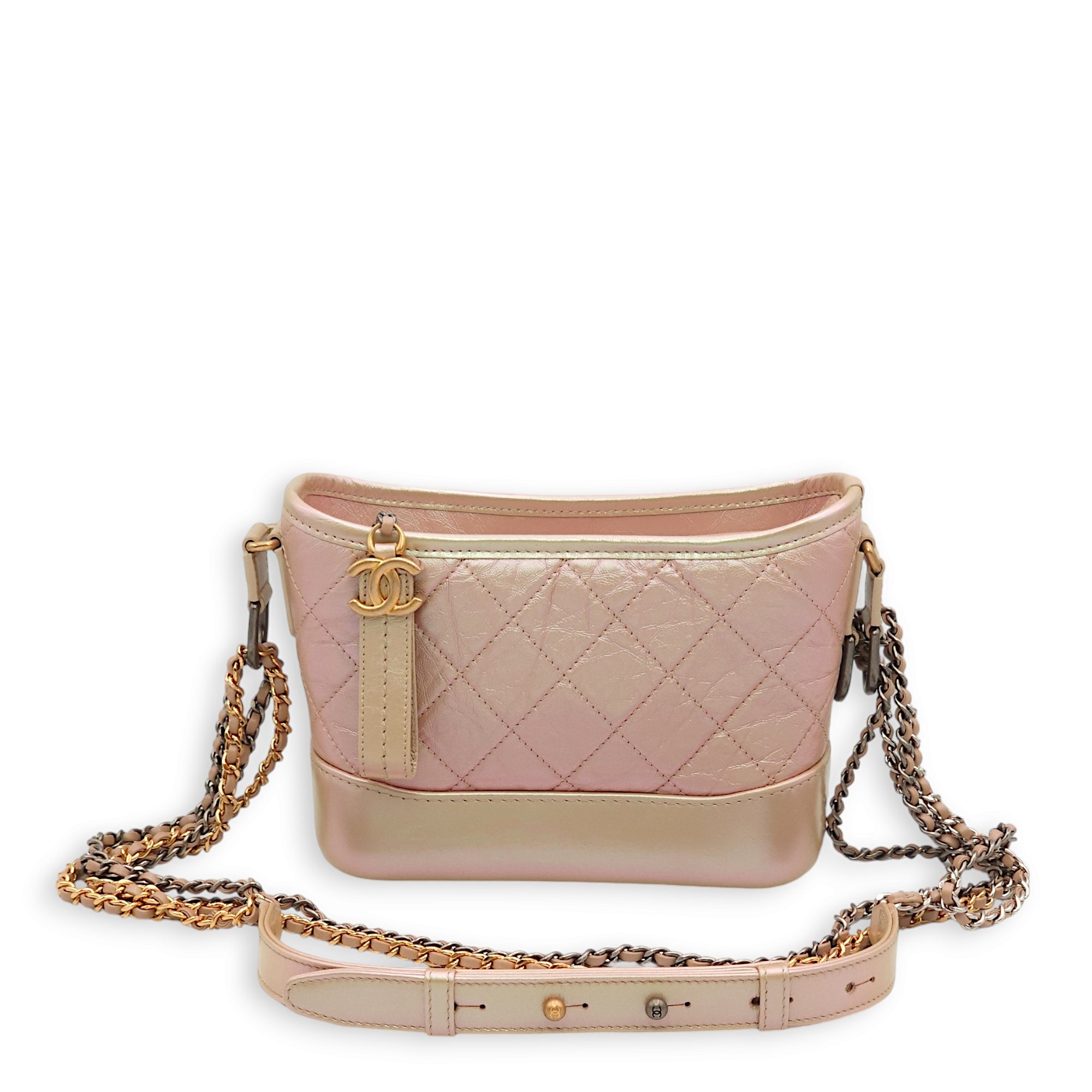 Gabrielle Small Iridescent Pink Shoulder Bag in Calfskin, Gold/Ruthenium/Silver hardware