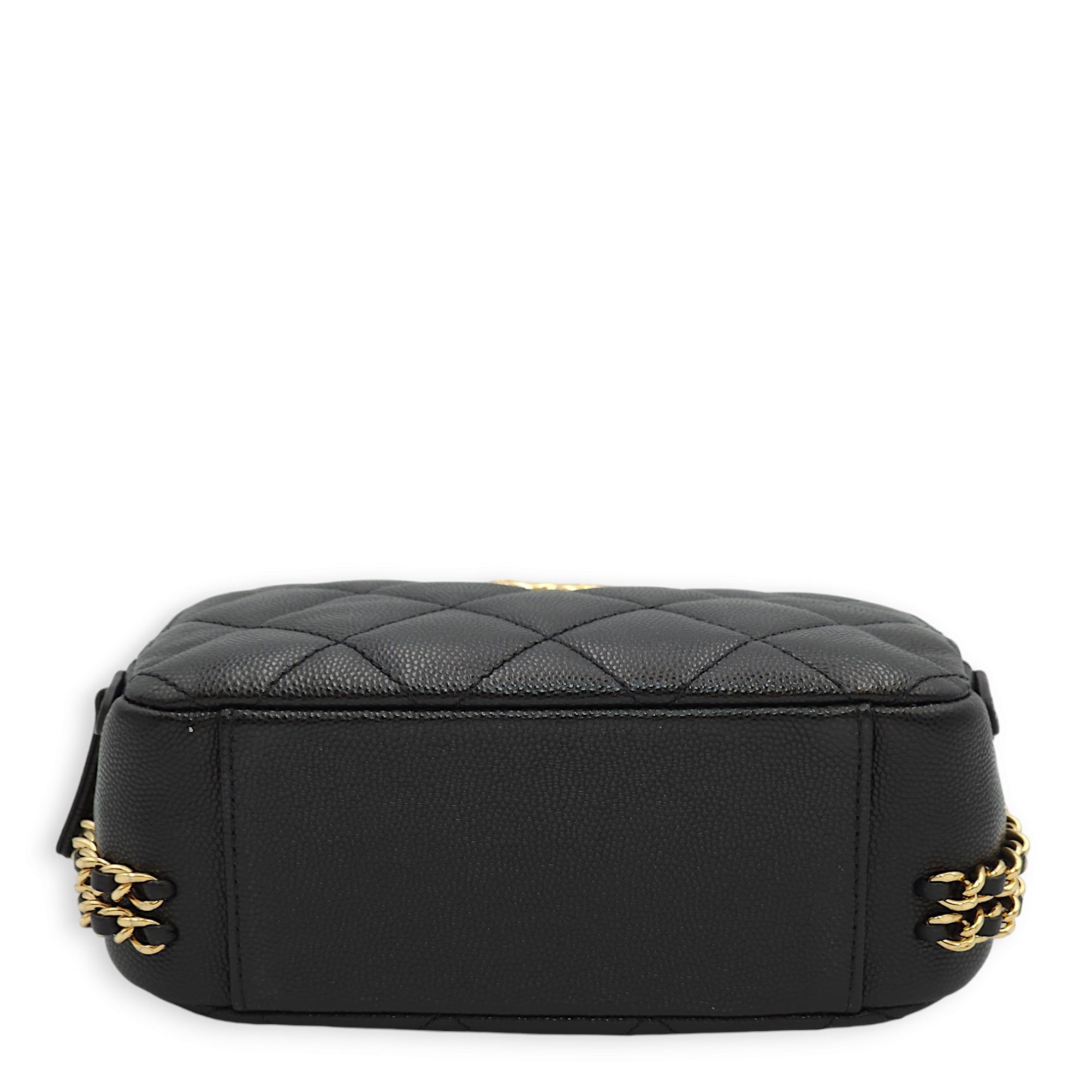 23C Quilted Camera Mini Black Crossbody Bag in Caviar Leather, Gold hardware