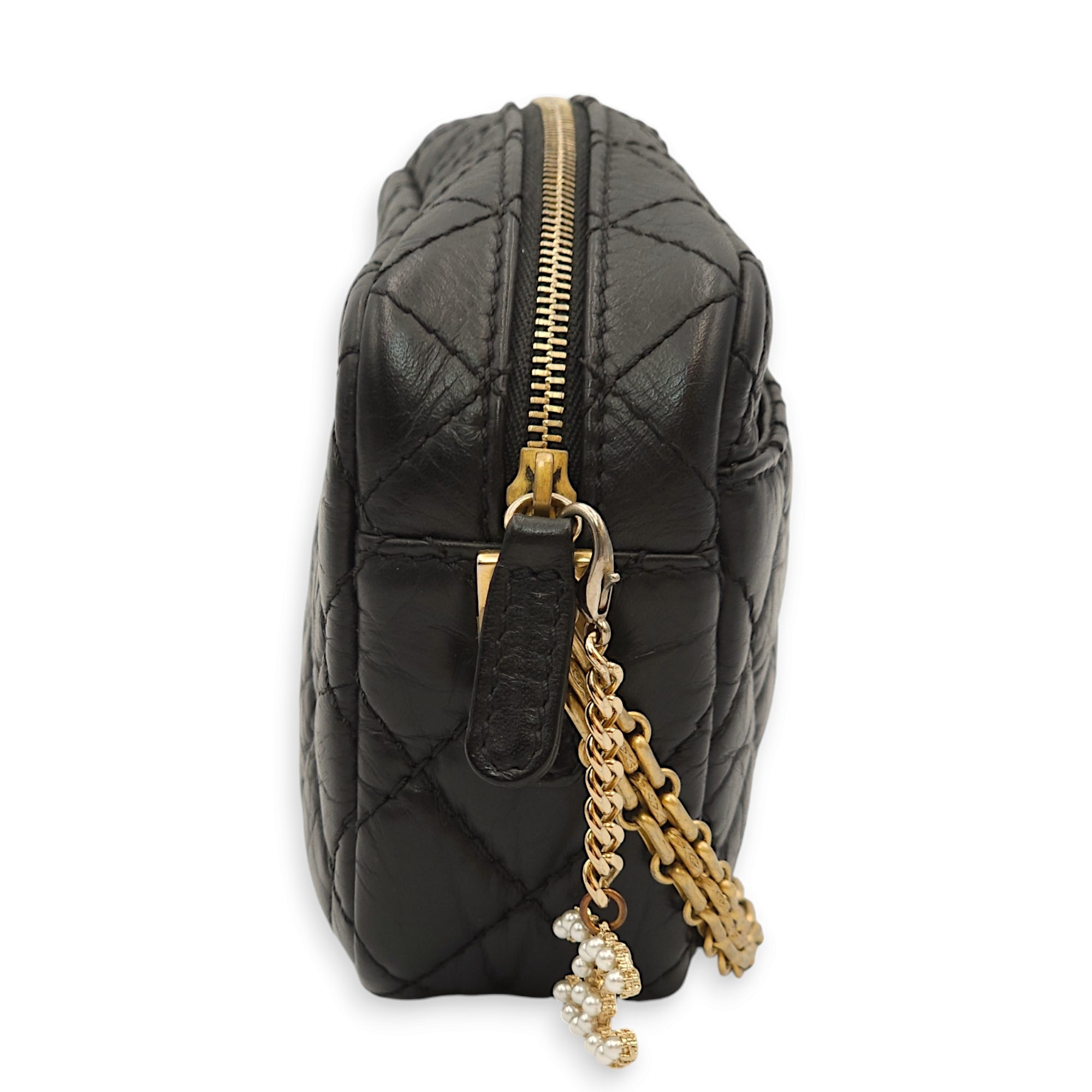 Reissue Camera Small Black Crossbody Bag in Distressed Calfskin, Gold hardware