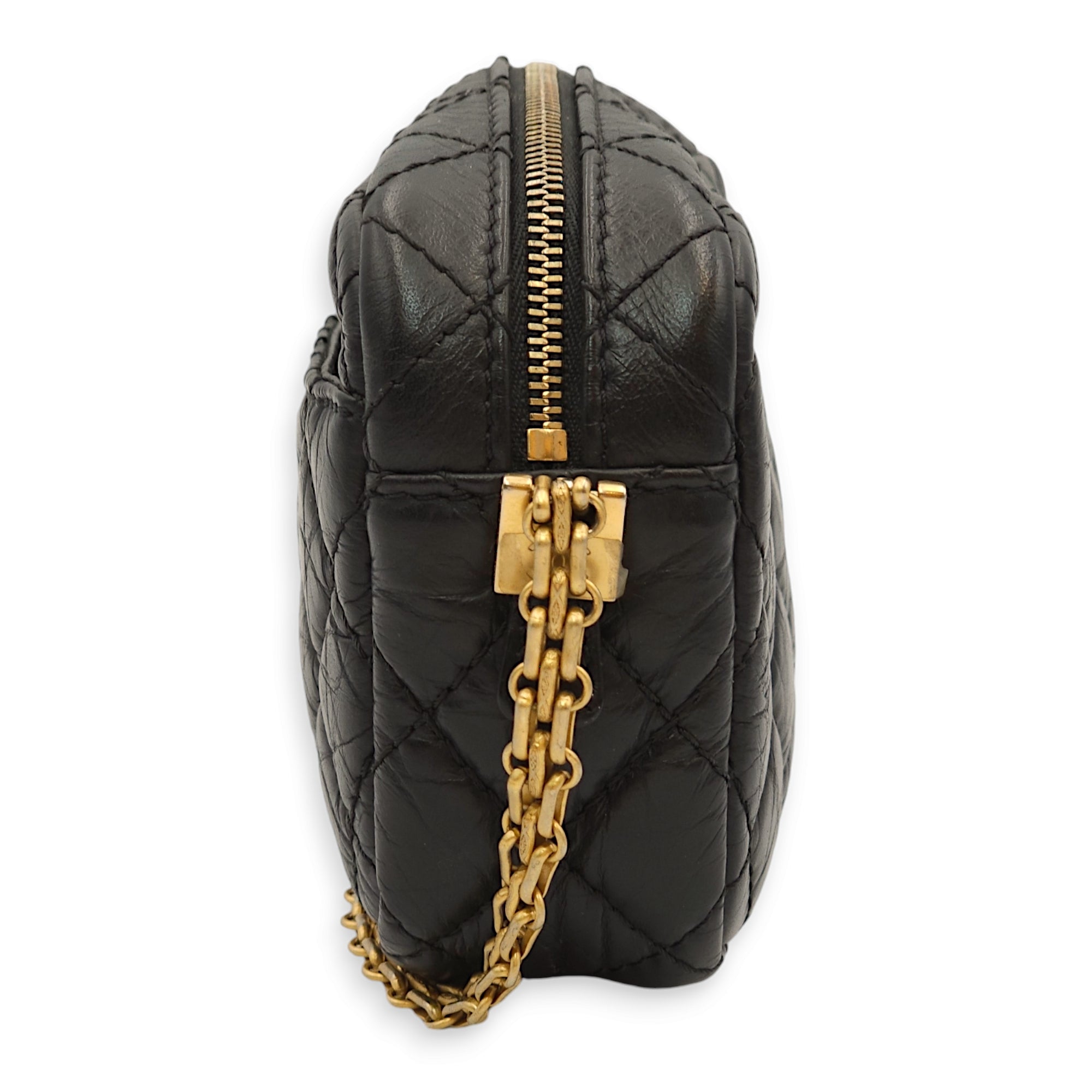 Reissue Camera Small Black Crossbody Bag in Distressed Calfskin, Gold hardware