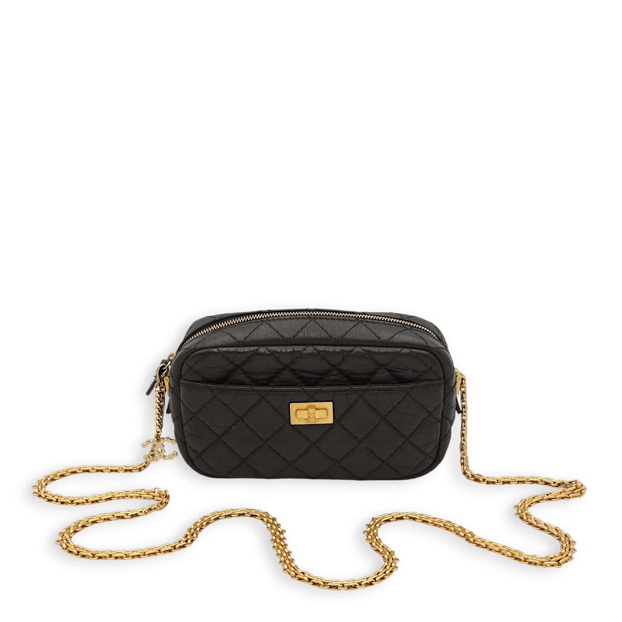 Reissue Camera Small Black Crossbody Bag in Distressed Calfskin, Gold hardware