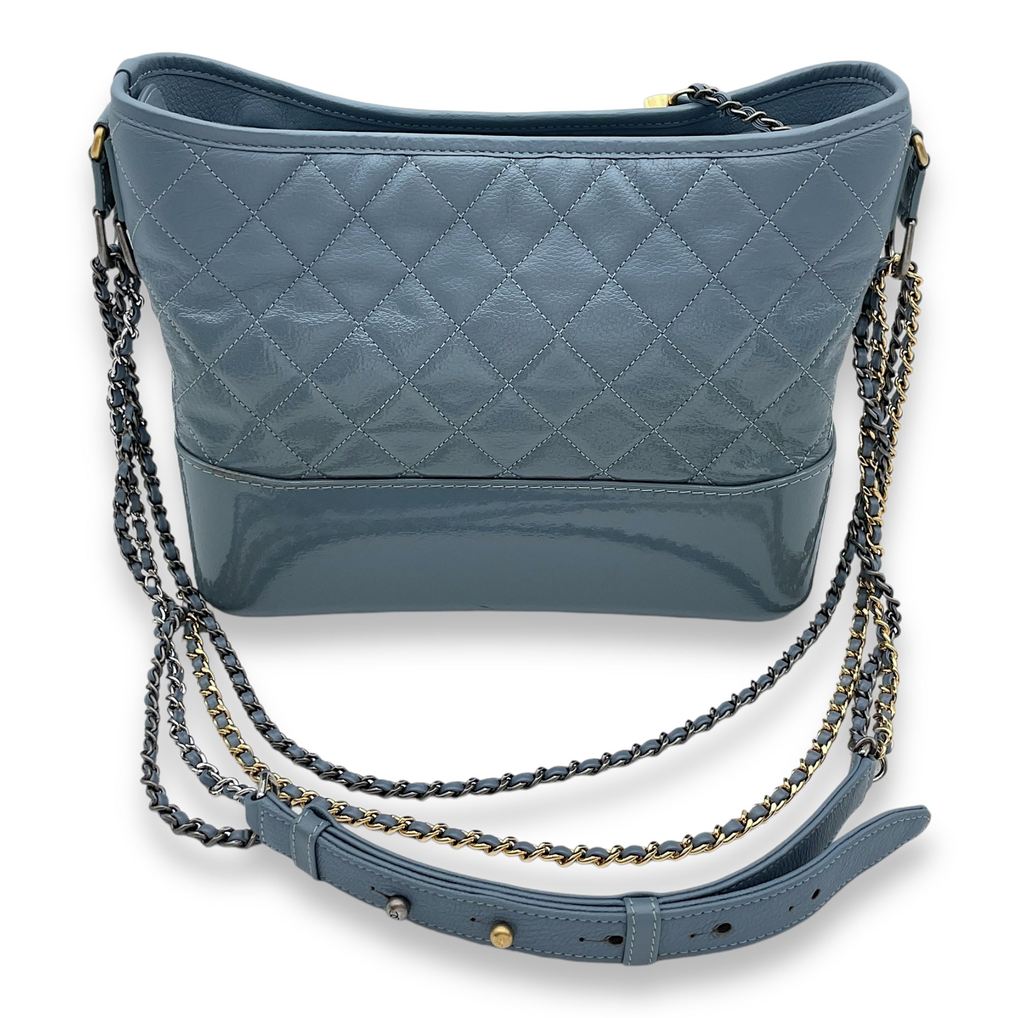 Gabrielle Medium Blue Shoulder Bag in Calfskin/Patent, Gold/Ruthenium/Silver hardware