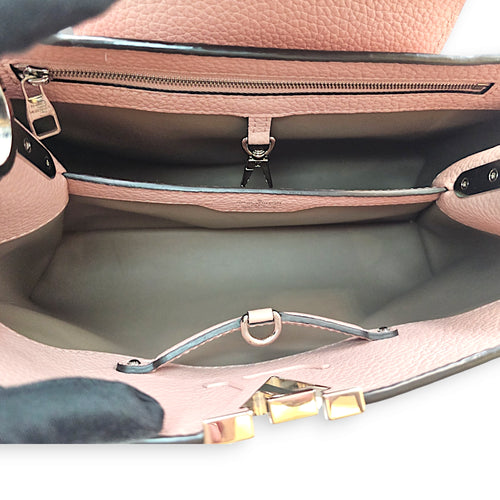 Capucines PM Pink Top Handle Bag in Taurillon Leather, Palladium hardware