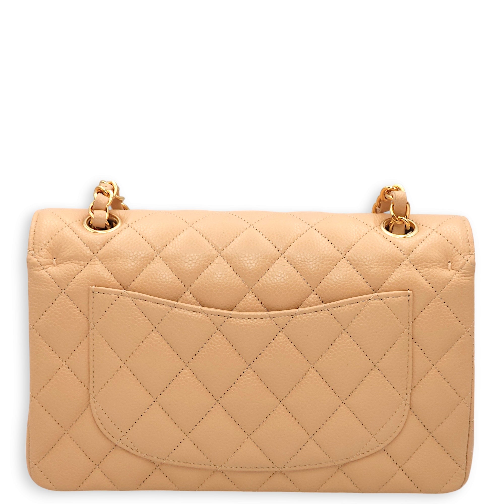 Classic Double Flap Small Beige Shoulder Bag in Caviar, Gold hardware