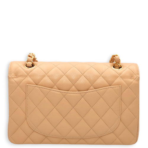 Classic Double Flap Small Beige Shoulder Bag in Caviar, Gold hardware