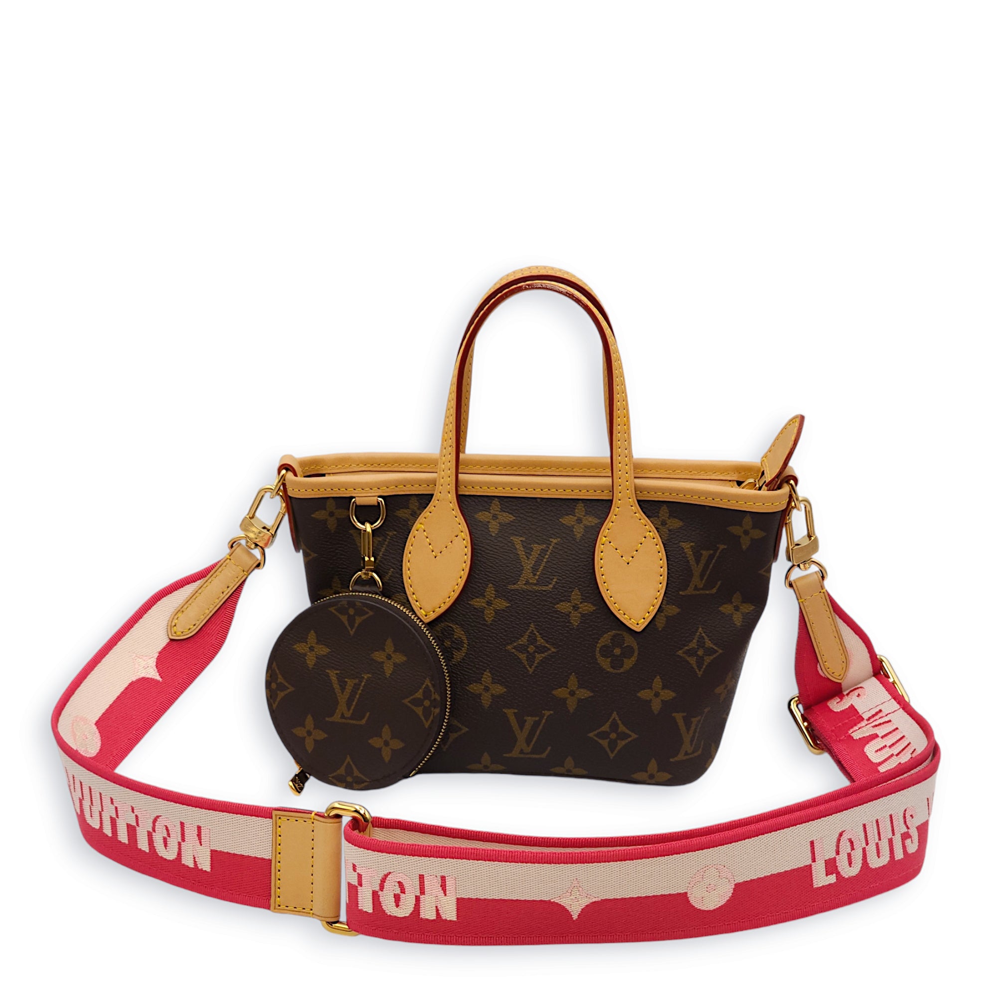 Neverfull BB Monogram and pink strap Crossbody Bag in Canvas, Gold hardware