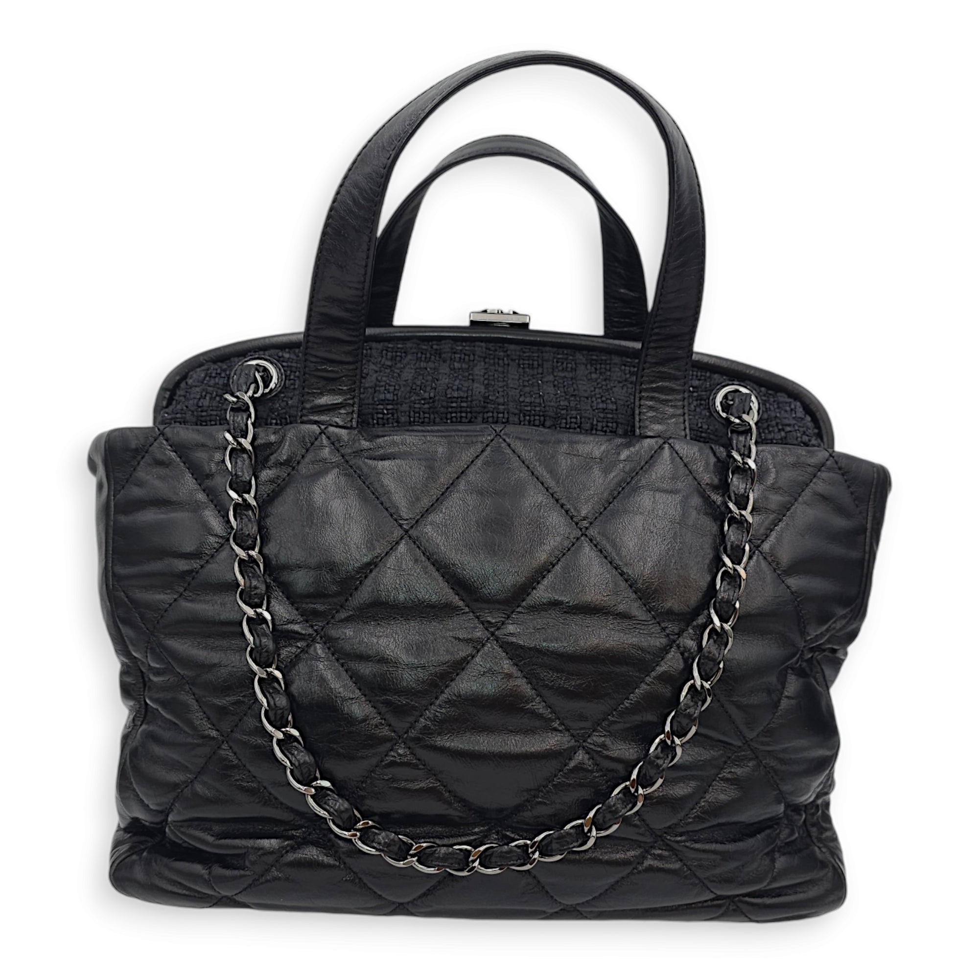 Quilted Portobello Tweed Frame Black Shoulder Bag in Calf/Tweed, Palladium hardware