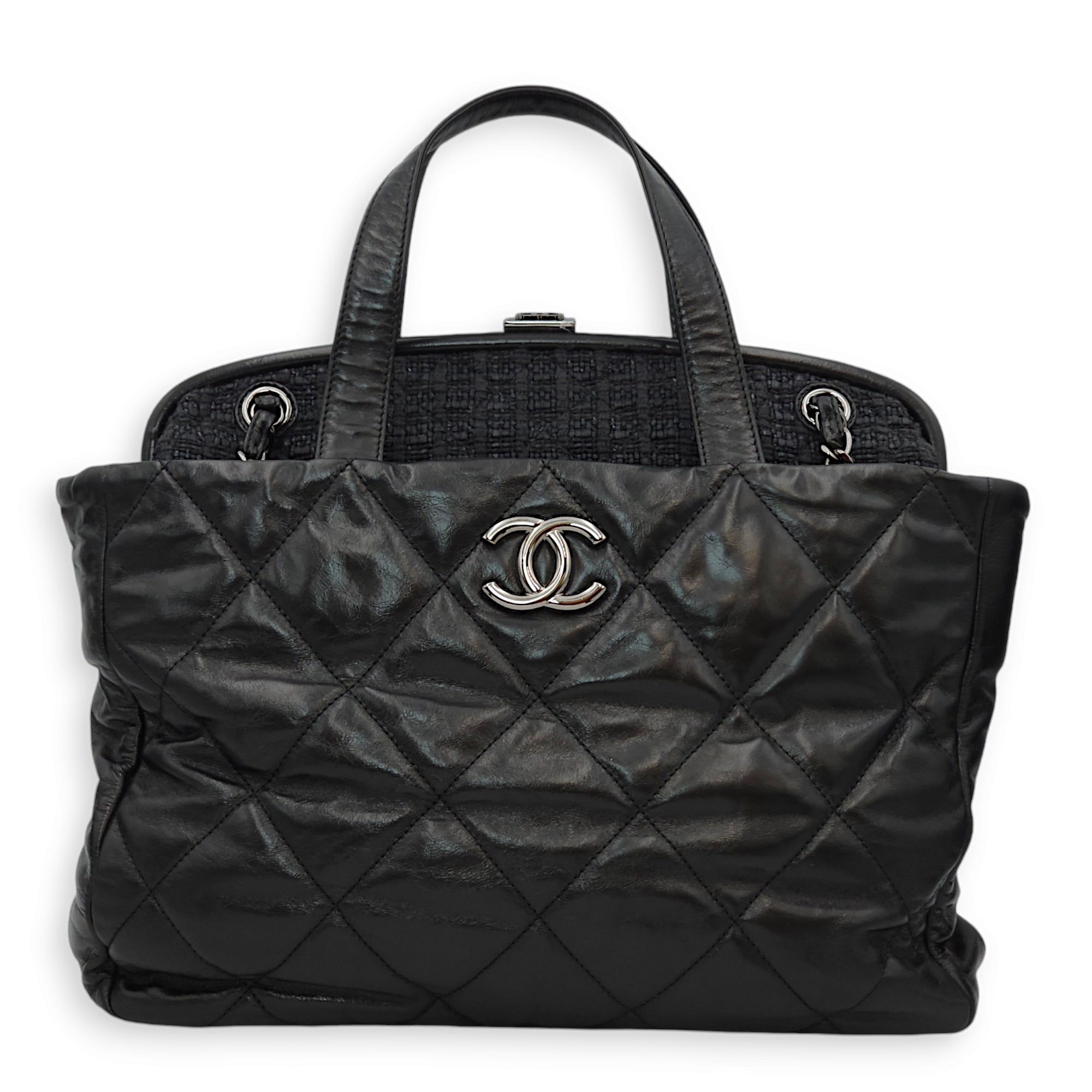 Quilted Portobello Tweed Frame Black Shoulder Bag in Calf/Tweed, Palladium hardware