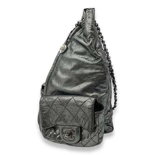 Jacket Silver Backpack in Metallic Calfskin, Silver hardware