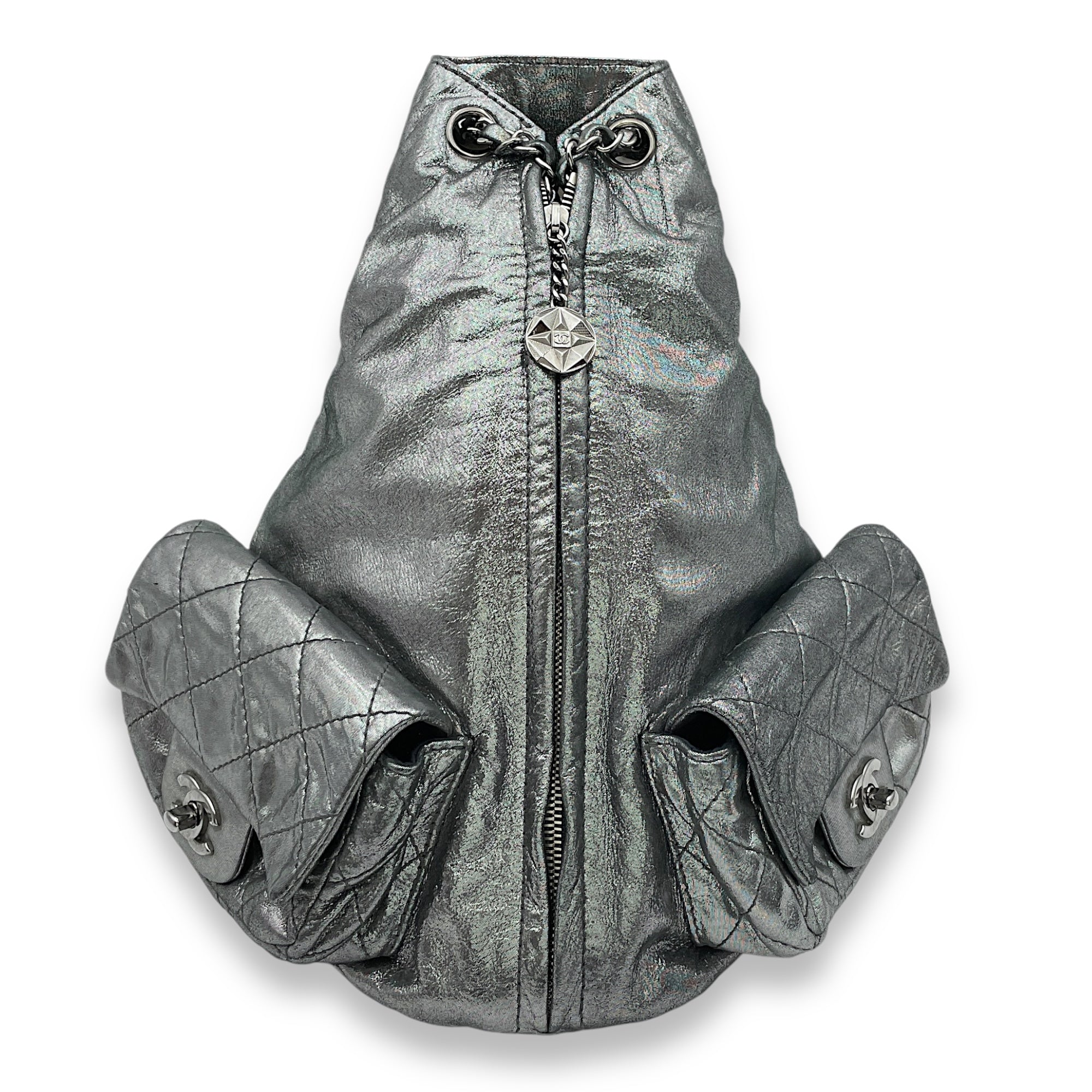 Jacket Silver Backpack in Metallic Calfskin, Silver hardware