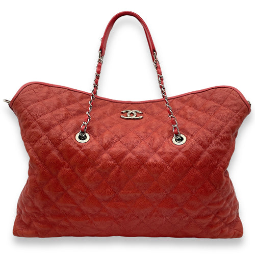 Fold Over Flap Red Top Handle Bag in Caviar Leather, Silver hardware