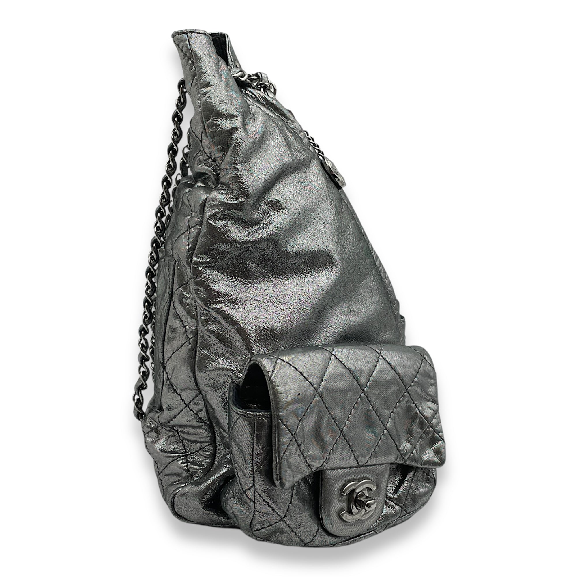 Jacket Silver Backpack in Metallic Calfskin, Silver hardware