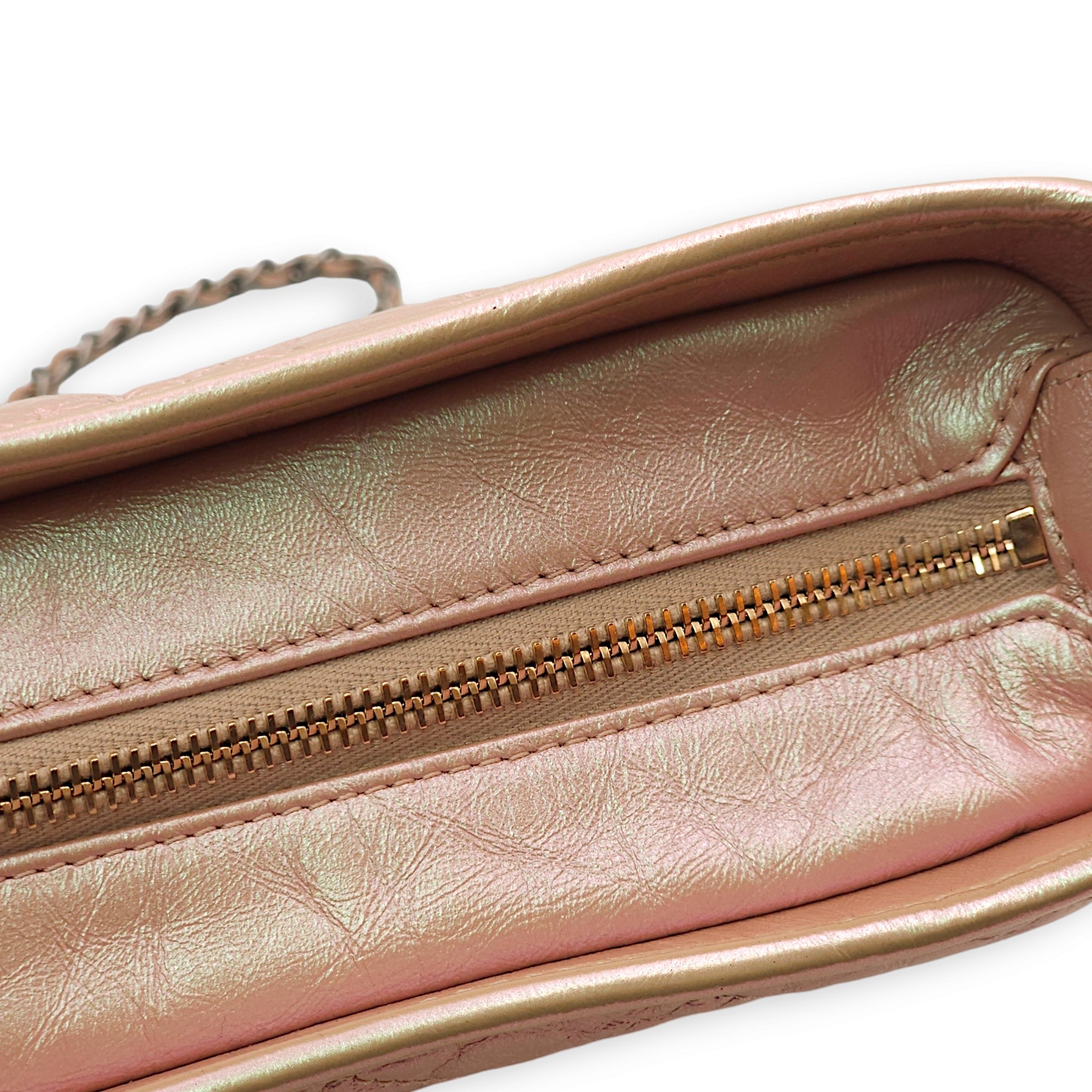 Gabrielle Small Iridescent Pink Shoulder Bag in Calfskin, Gold/Ruthenium/Silver hardware