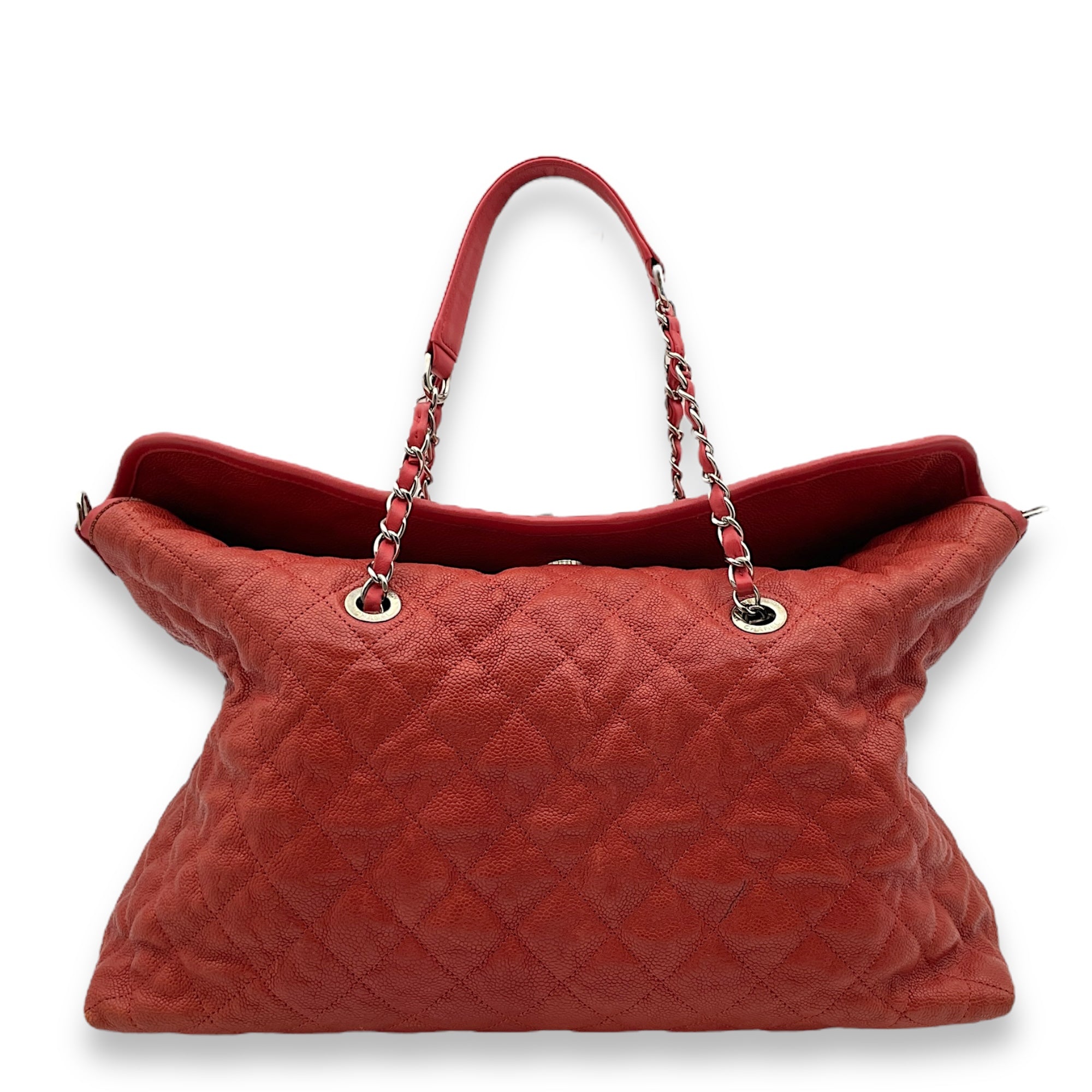 Fold Over Flap Red Top Handle Bag in Caviar Leather, Silver hardware