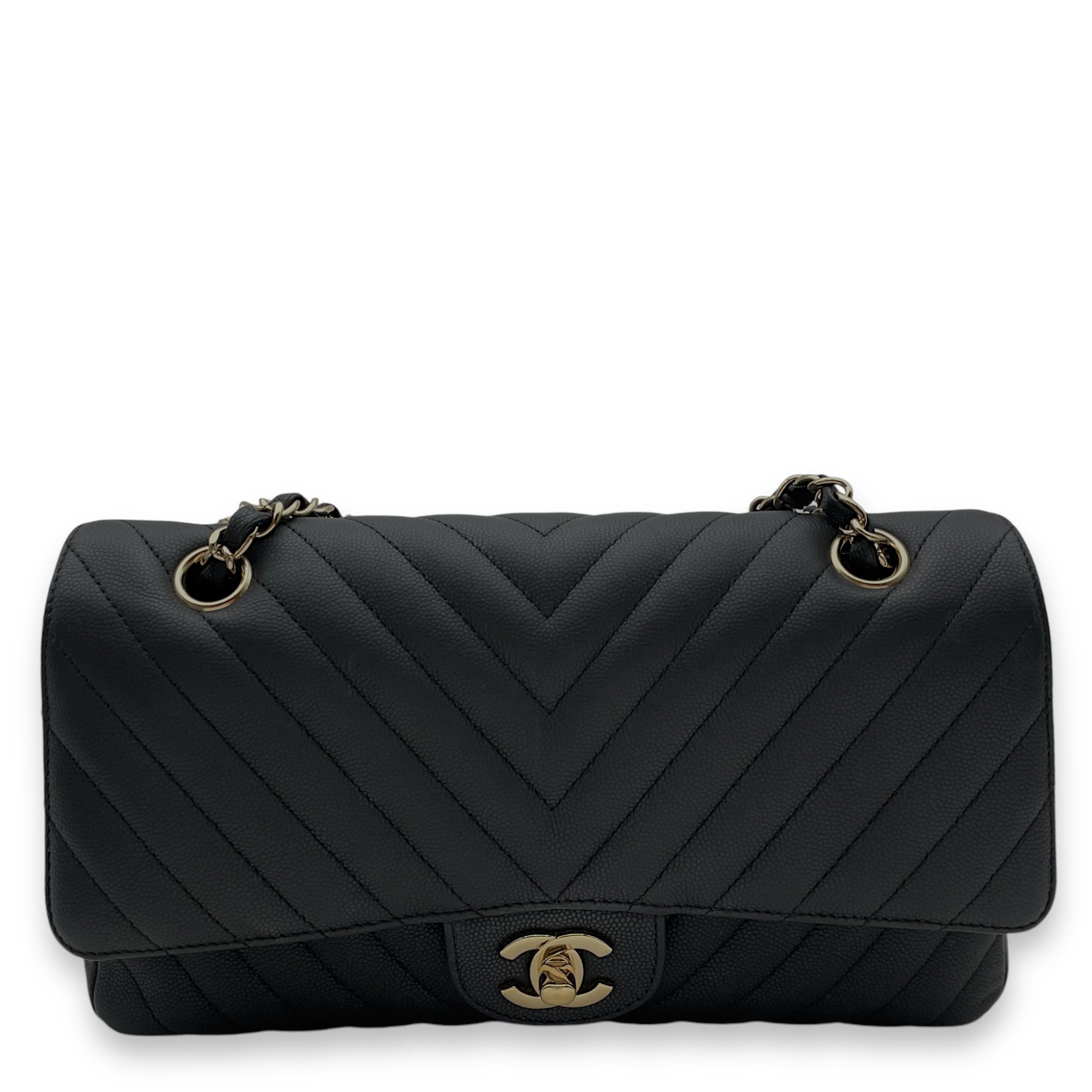 Chevron Classic Double Flap Medium Black Shoulder Bag in Caviar, Gold hardware