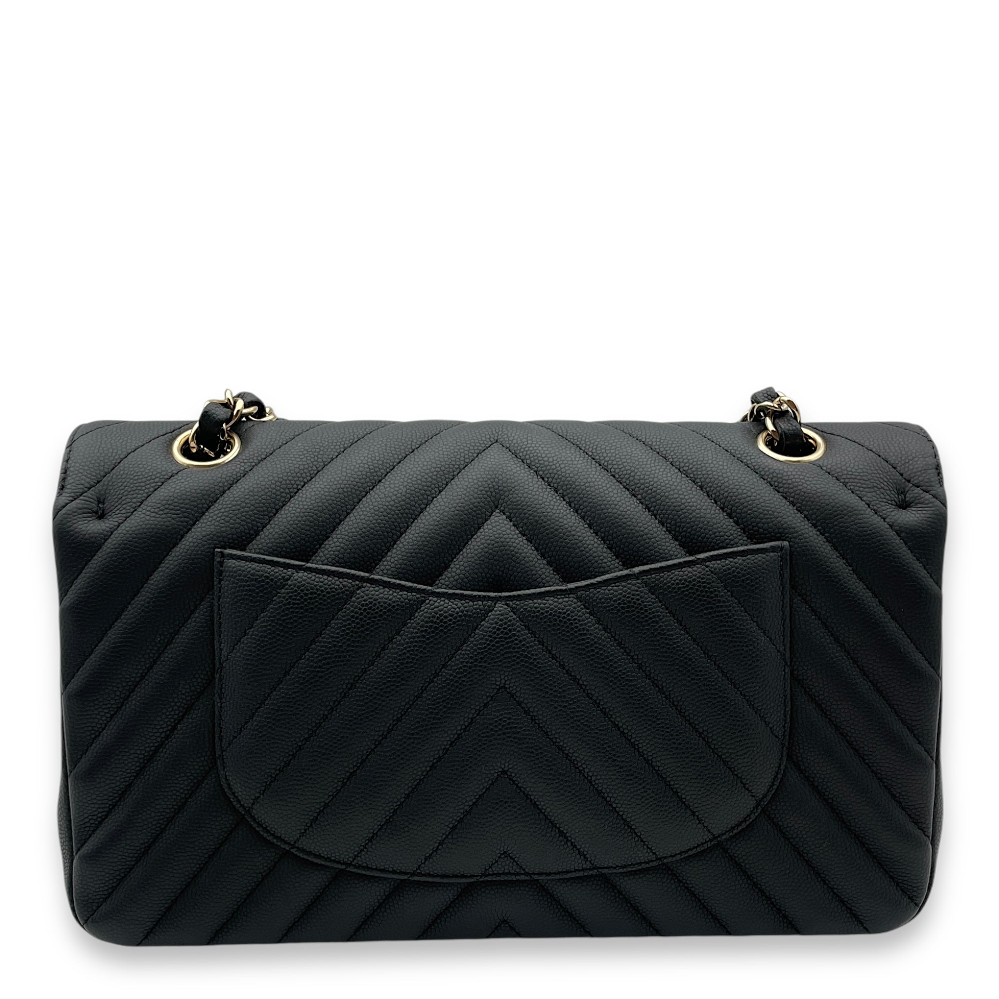 Chevron Classic Double Flap Medium Black Shoulder Bag in Caviar, Gold hardware